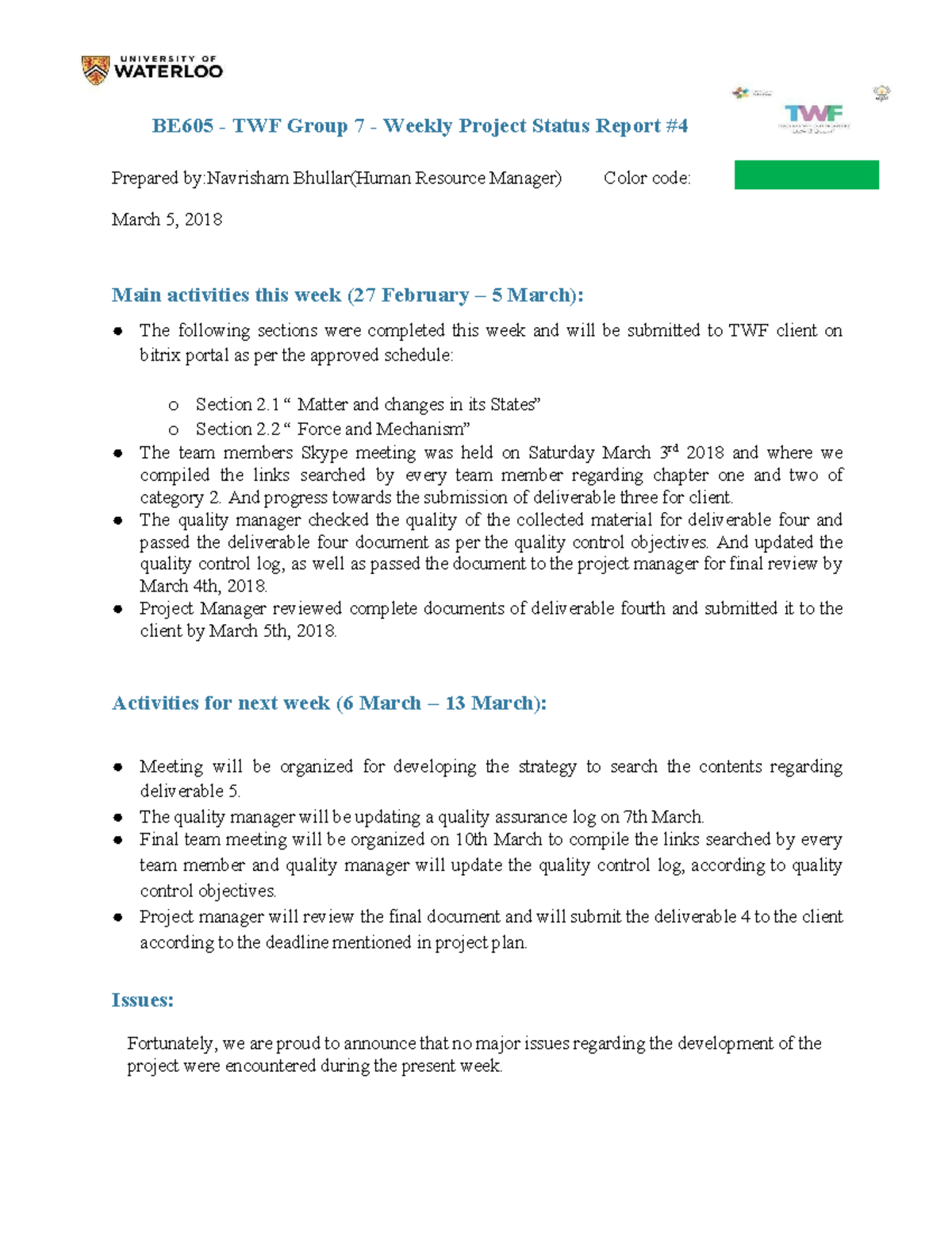 Sample Weekly Status Report - BE605 - TWF Group 7 - Weekly Project ...