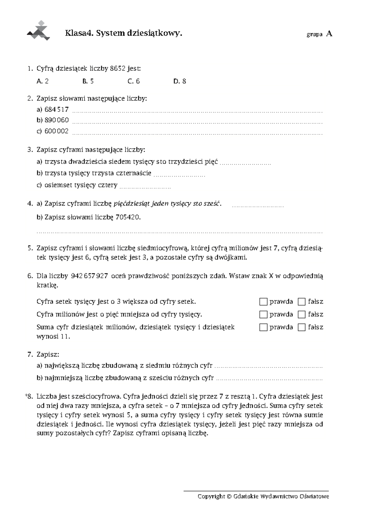 Sprawdzian Z System Dziesiątkowy Klasa 4