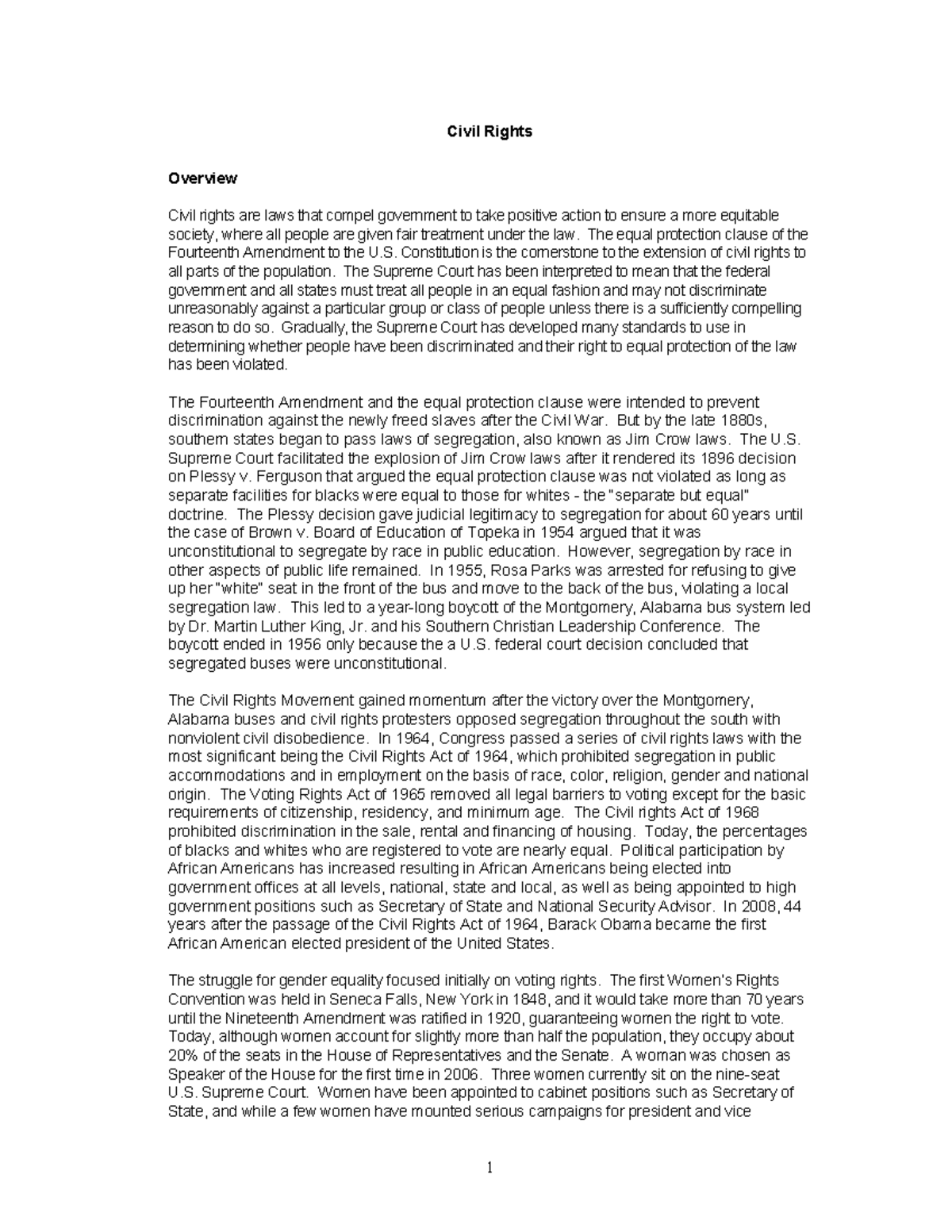 Civil Rights - Lecture Notes - Civil Rights Overview Civil rights are ...