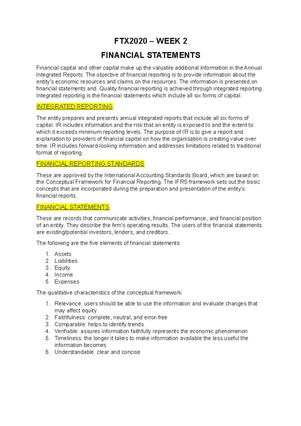 FTX2020 WEEK 2 Summary - FTX2020 – WEEK 2 FINANCIAL STATEMENTS ...