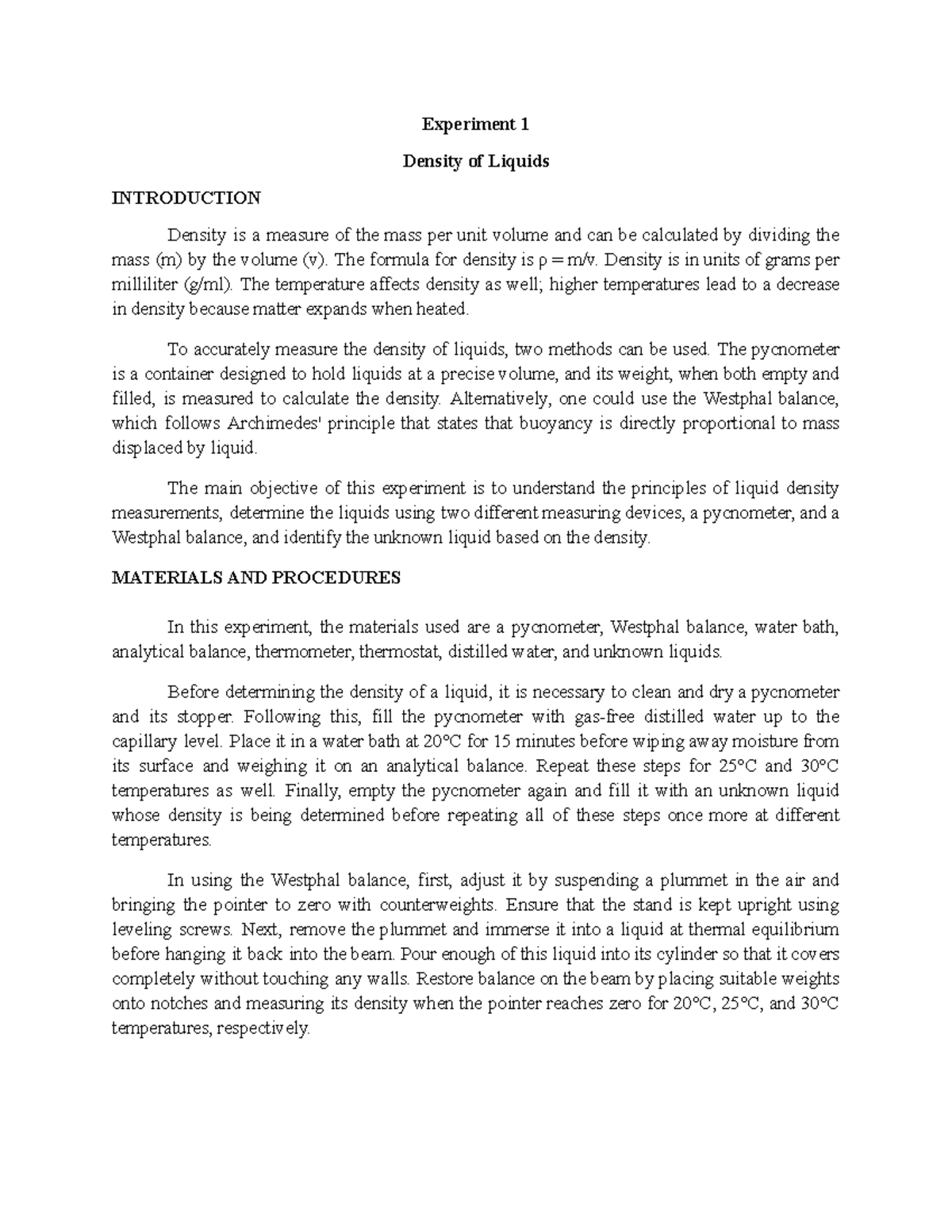 density of liquids experiment lab report