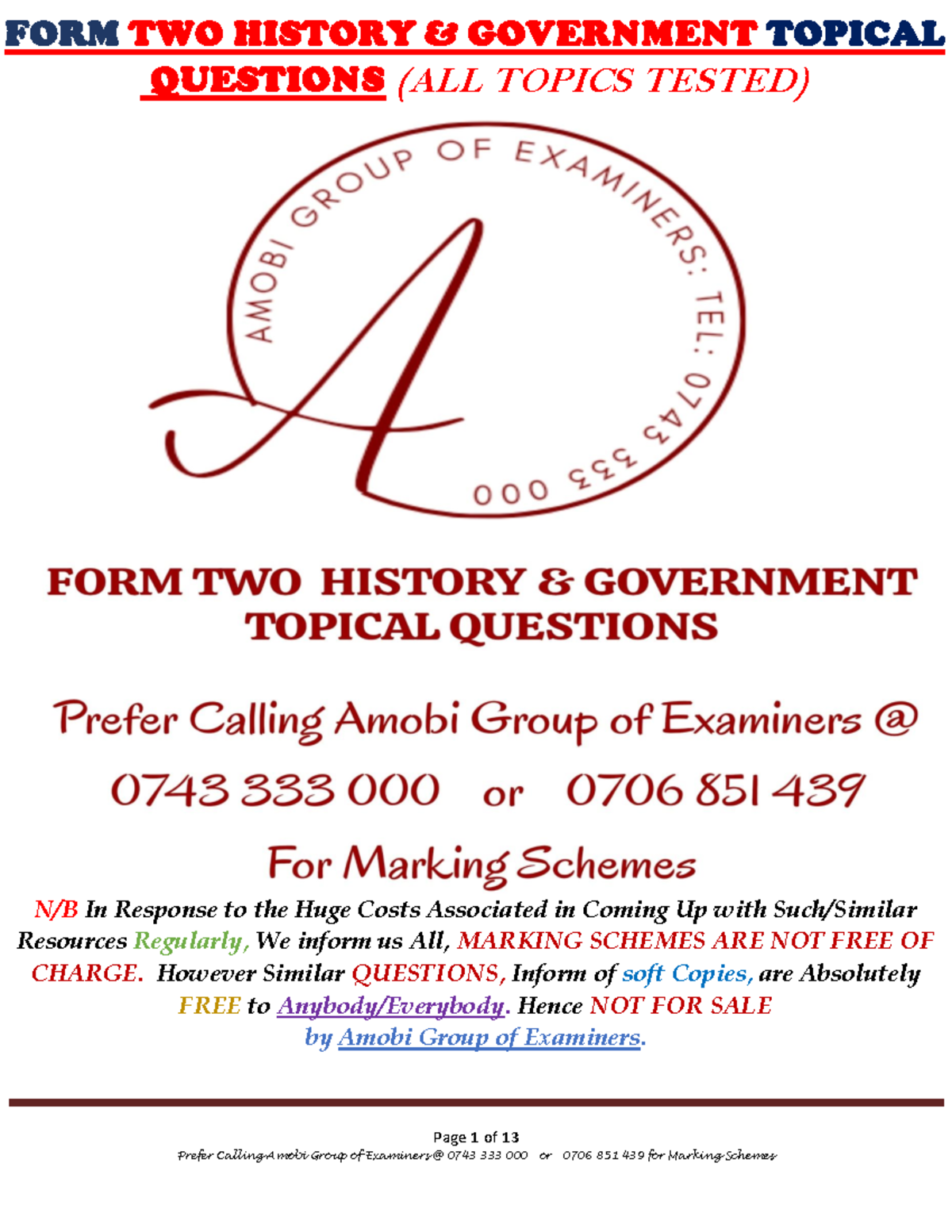 F2 HIS TQ - HISTORY - Page 1 of 13 FORM TWO HISTORY & GOVERNMENT ...