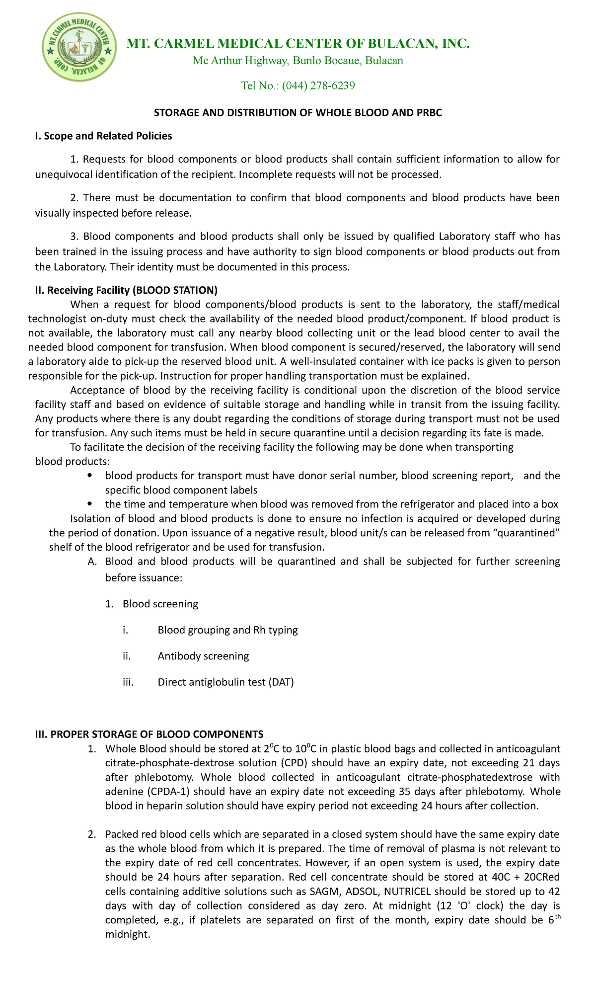 Storage AND Distribution OF Whole Blood AND PRBC - Mc Arthur Highway ...
