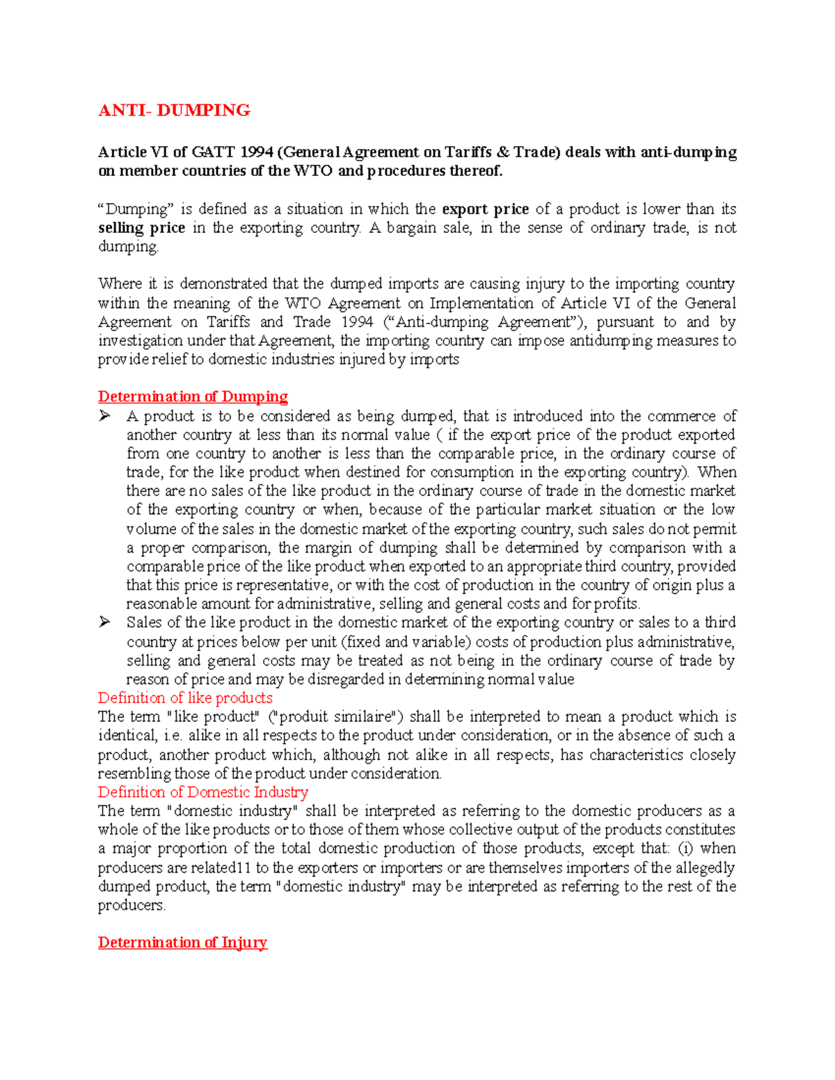 ANTI Dumping ANTI DUMPING Article VI of GATT 1994 (General Agreement on Tariffs & Trade