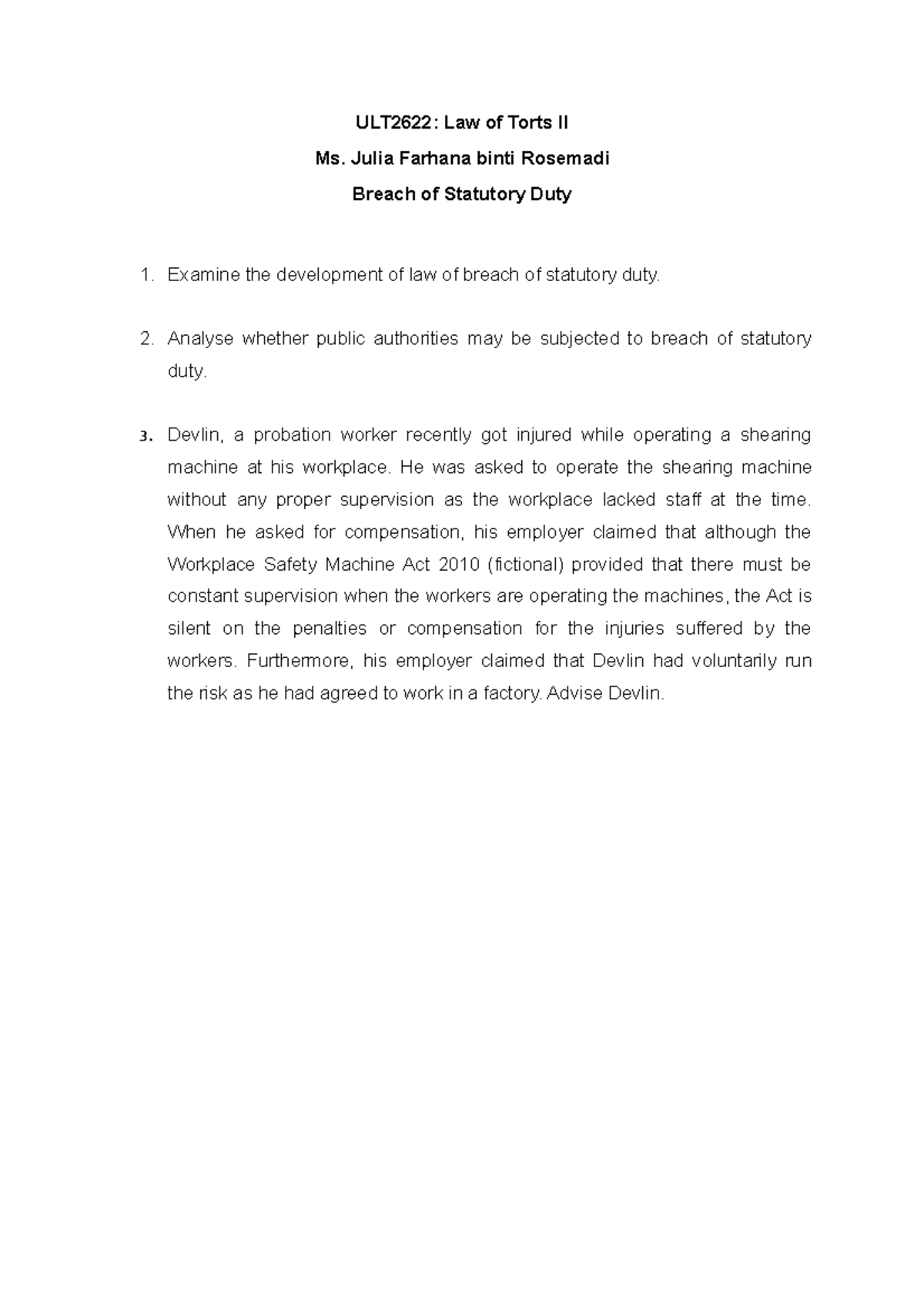 Tutorial 5 Breach of Statutory Duty W6 - ULT2622: Law of Torts II Ms ...