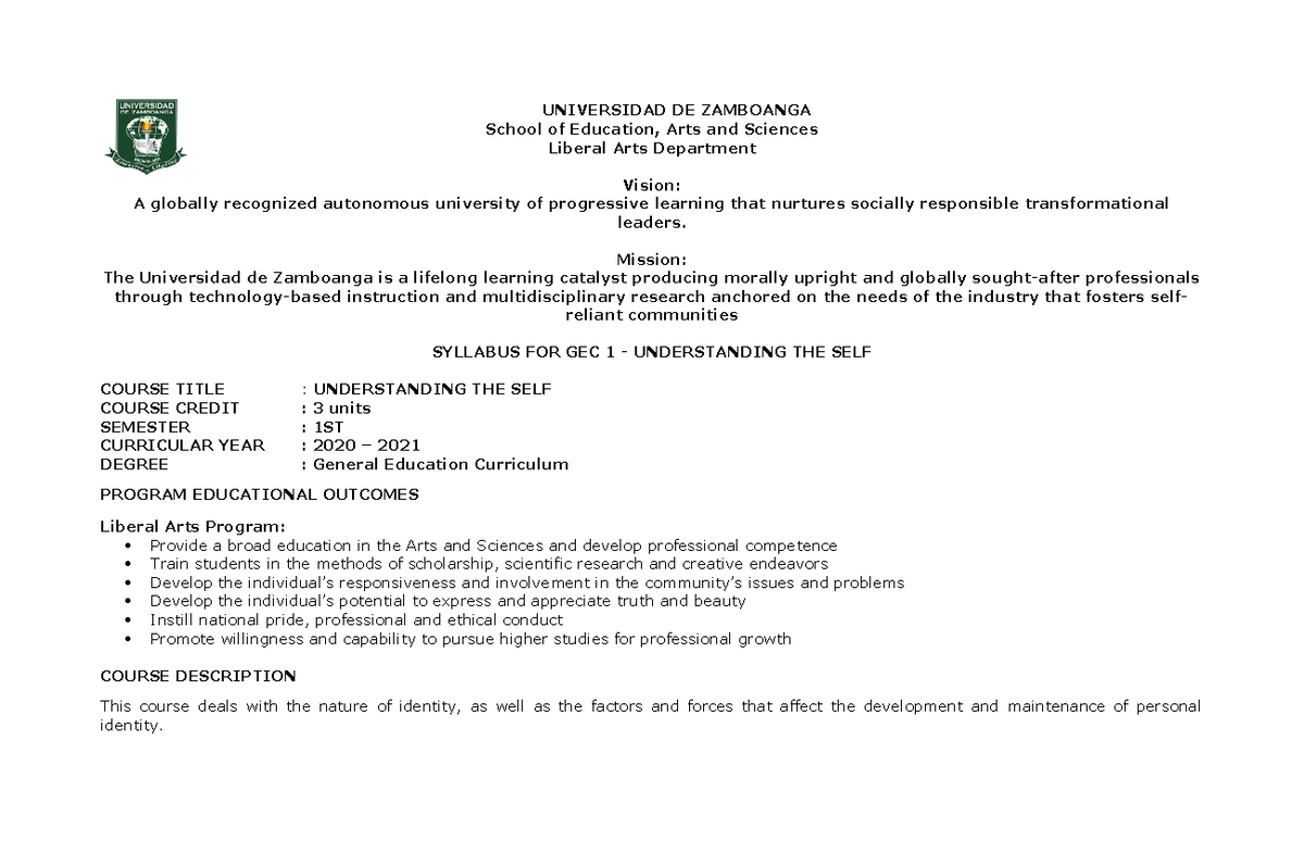 Understanding the Self Syllabus - UNIVERSIDAD DE ZAMBOANGA School of ...