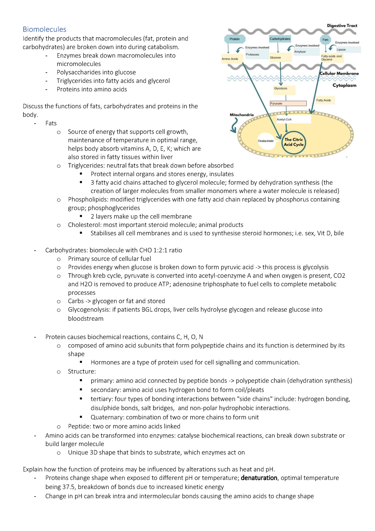 Human Pathophysiology NURS1005 Notes For Exams - Biomolecules Identify ...