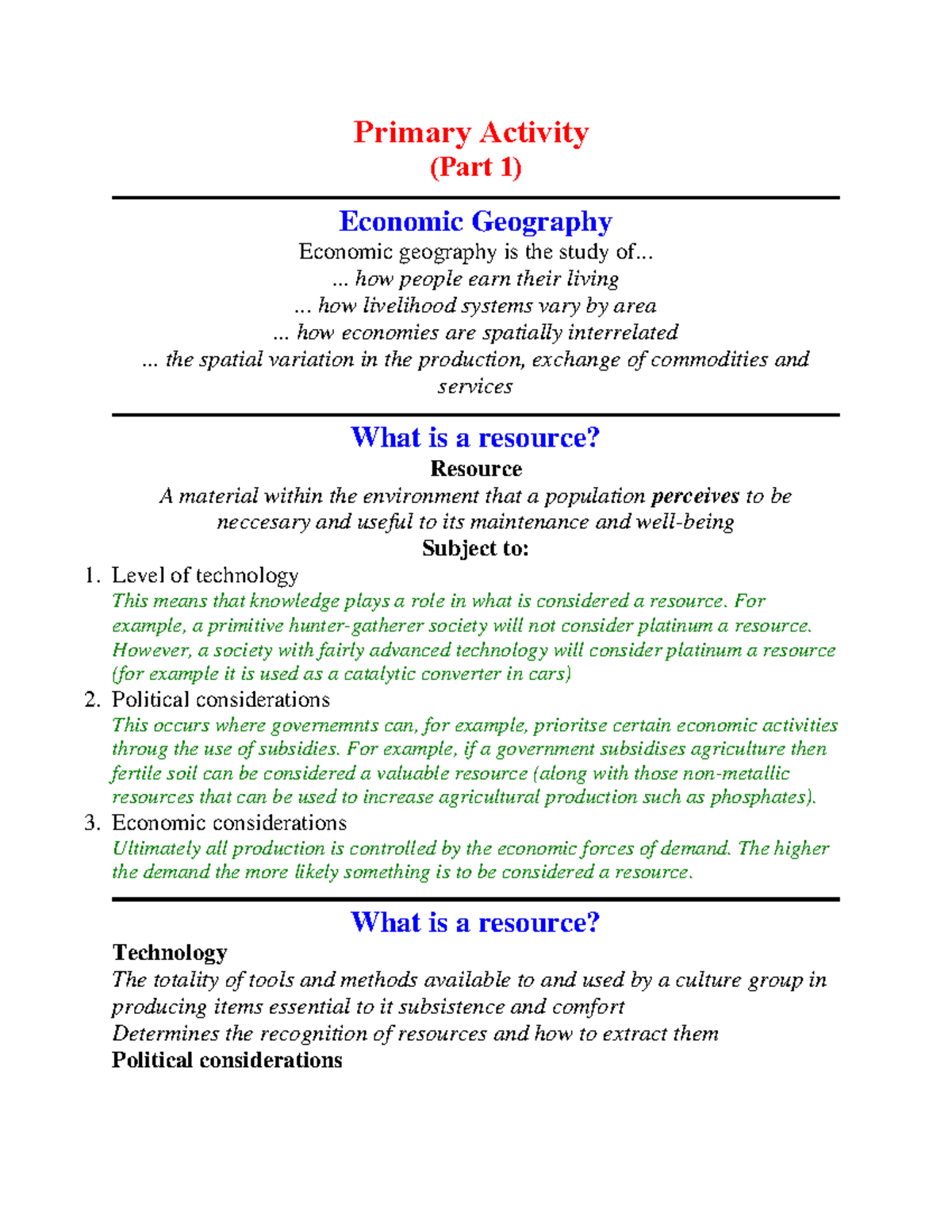 Primary Activity Primary Activity (Part 1) Economic Geography