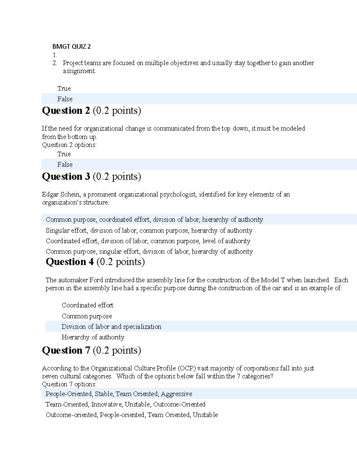 BMGT QUIZ 2 - The Second Quiz Of The Course Work Received An A - BMGT ...