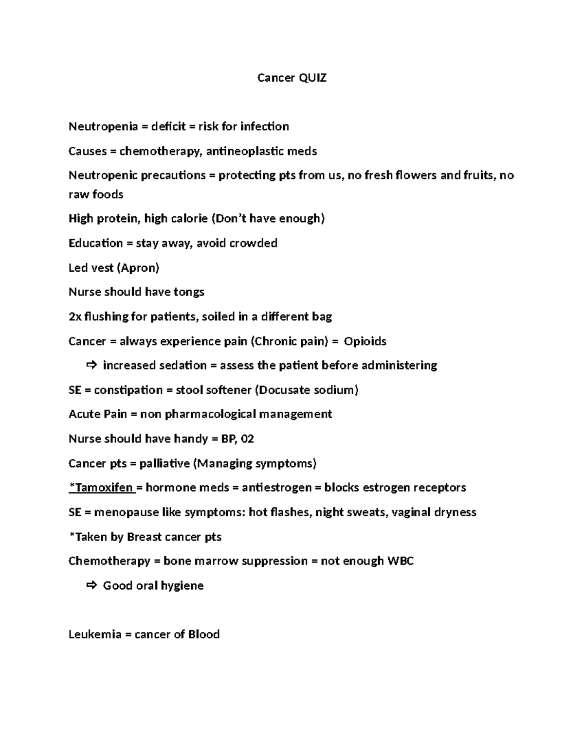 Cancer QUIZ - N/A - Cancer QUIZ Neutropenia = deficit = risk for ...