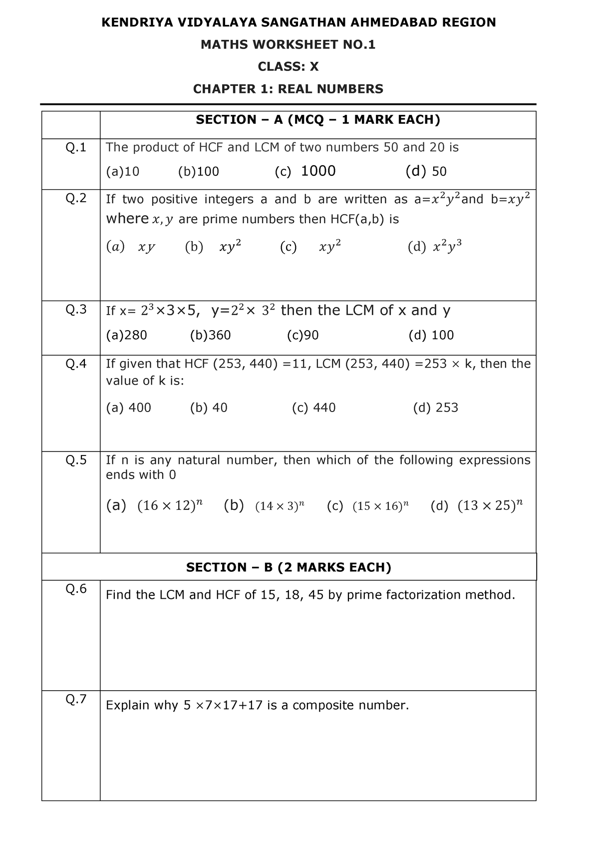 Maths CH 1 REAL Numbers Worksheet NO.1 Class 10 Final - KENDRIYA ...