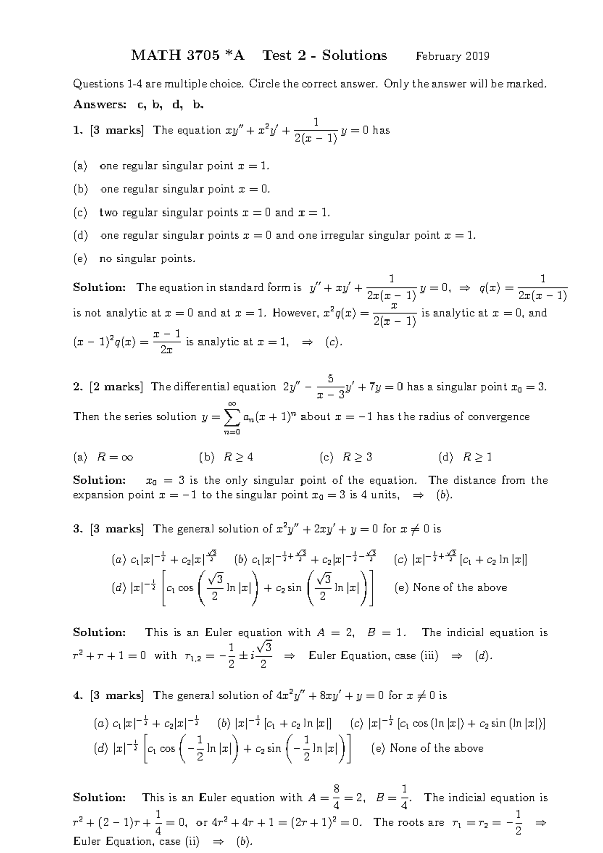 2019 Sample Ques1 - MATH 3705 *A Test 2 - Solutions February 2019 ...