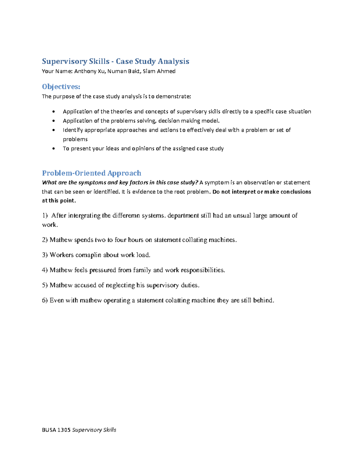 supervisory management case study examples