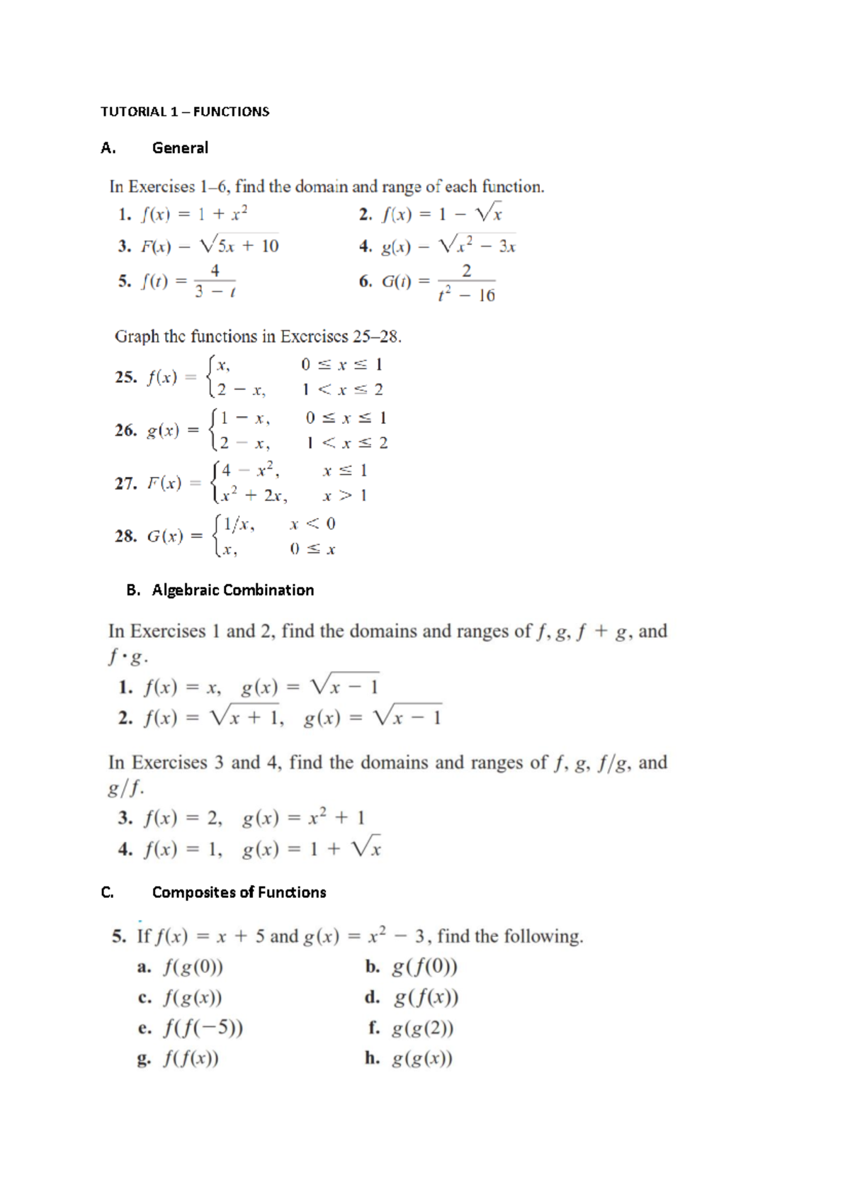 Tutorial 1 Questions - calculus 1 chapter 1 and 2 function and limits ...