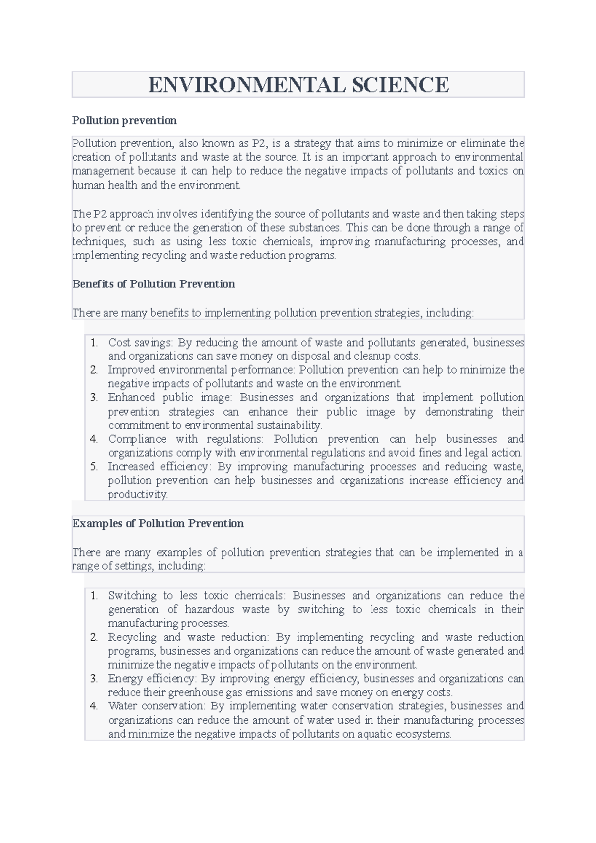 Environmental Science(Pollution prevention) ENVIRONMENTAL SCIENCE