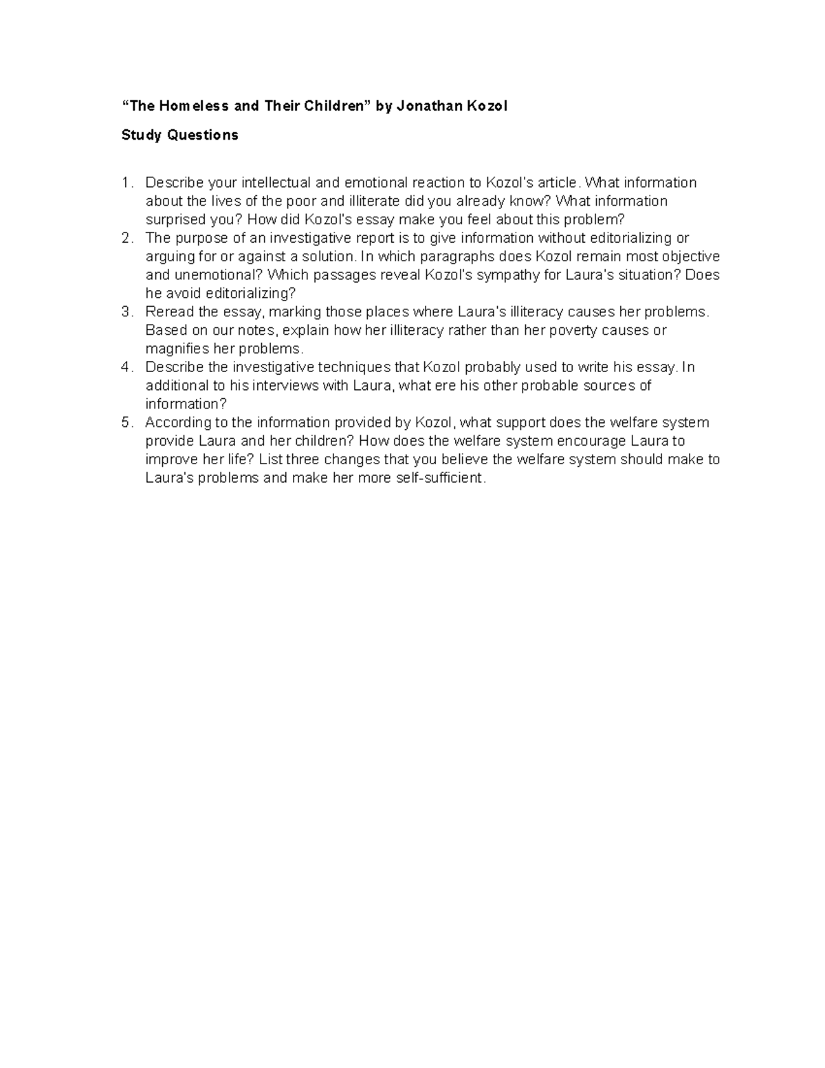 The Homeless and Their Children Study Questions “The Homeless and