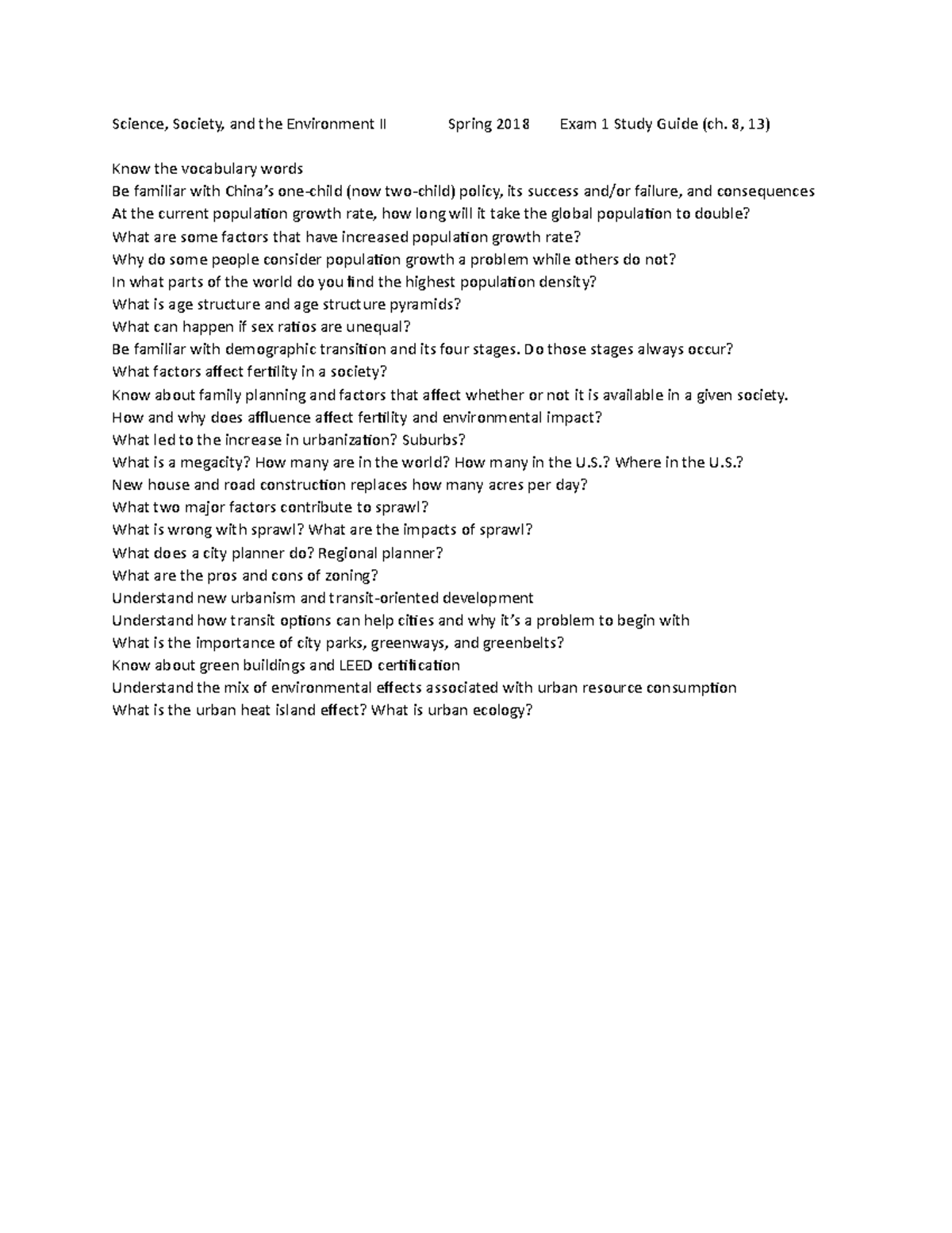 Exam 1 study guide - Science, Society, and the Environment II Spring ...