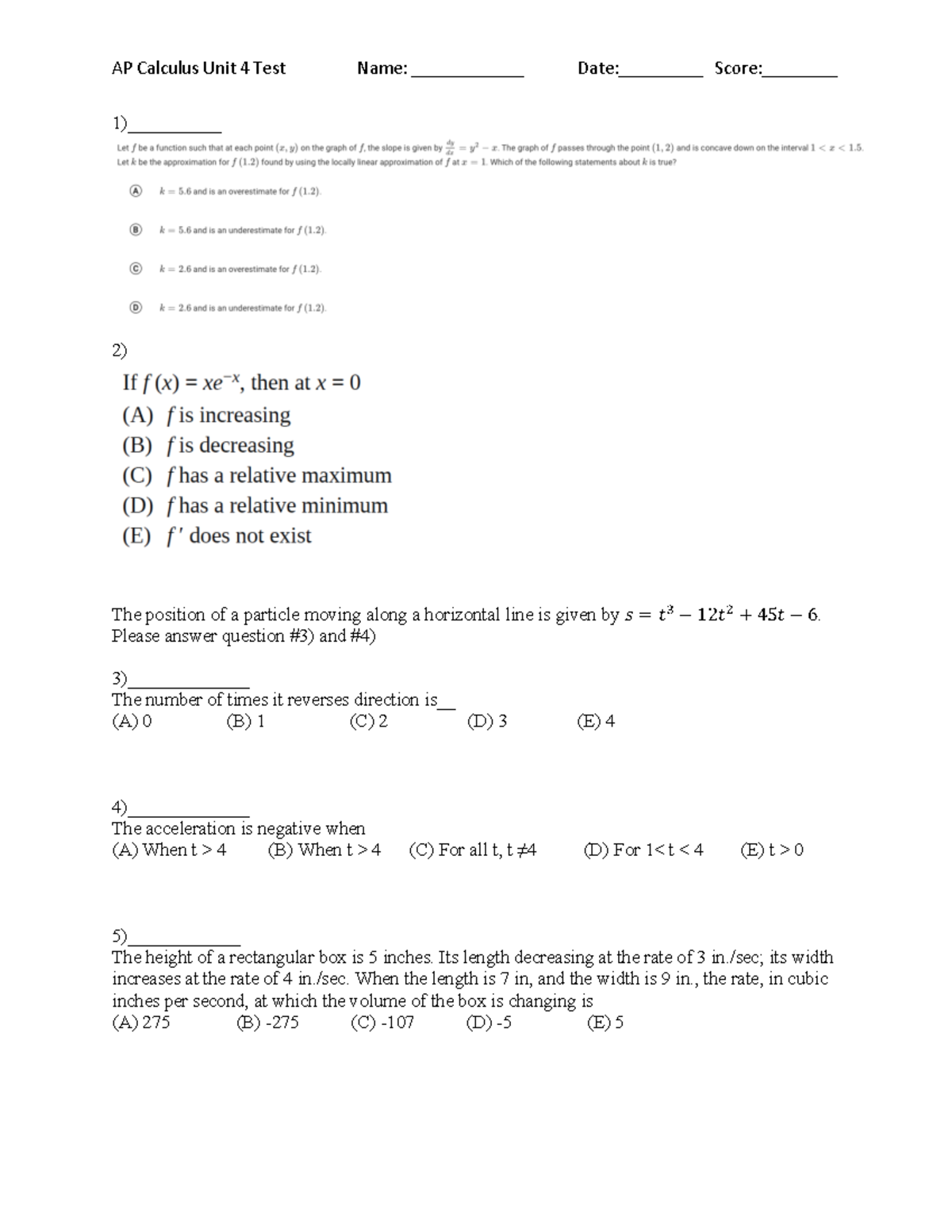 AP Calculus Unit 4 Test - Unit 4 practice test -Contextual Applications ...