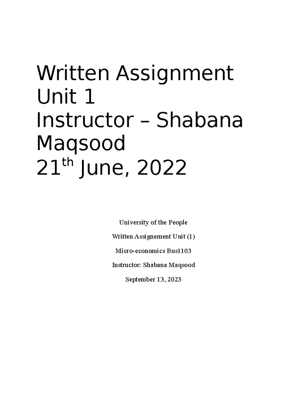 Microeconomics Written Assignment (Unit 1) - Written Assignment Unit 1 ...