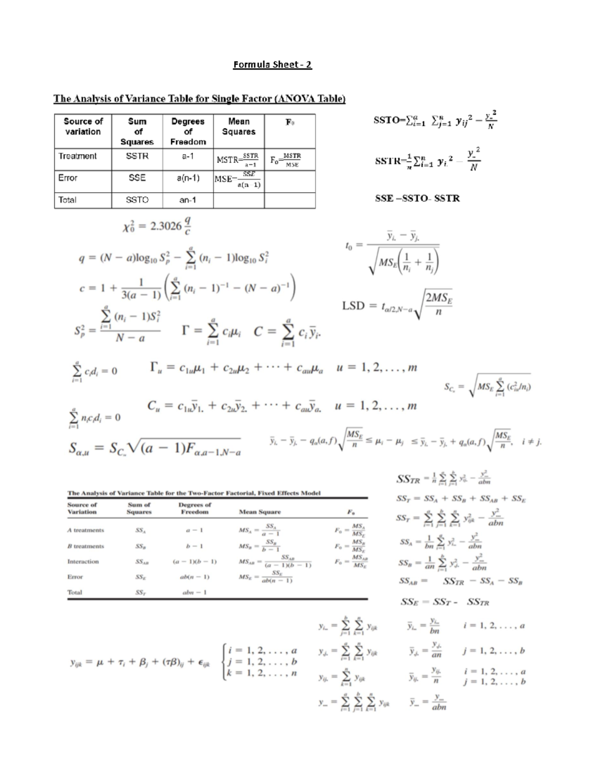 ISYE 435-535 Formula Sheets II - Formula Sheet The Analysis of Variance ...