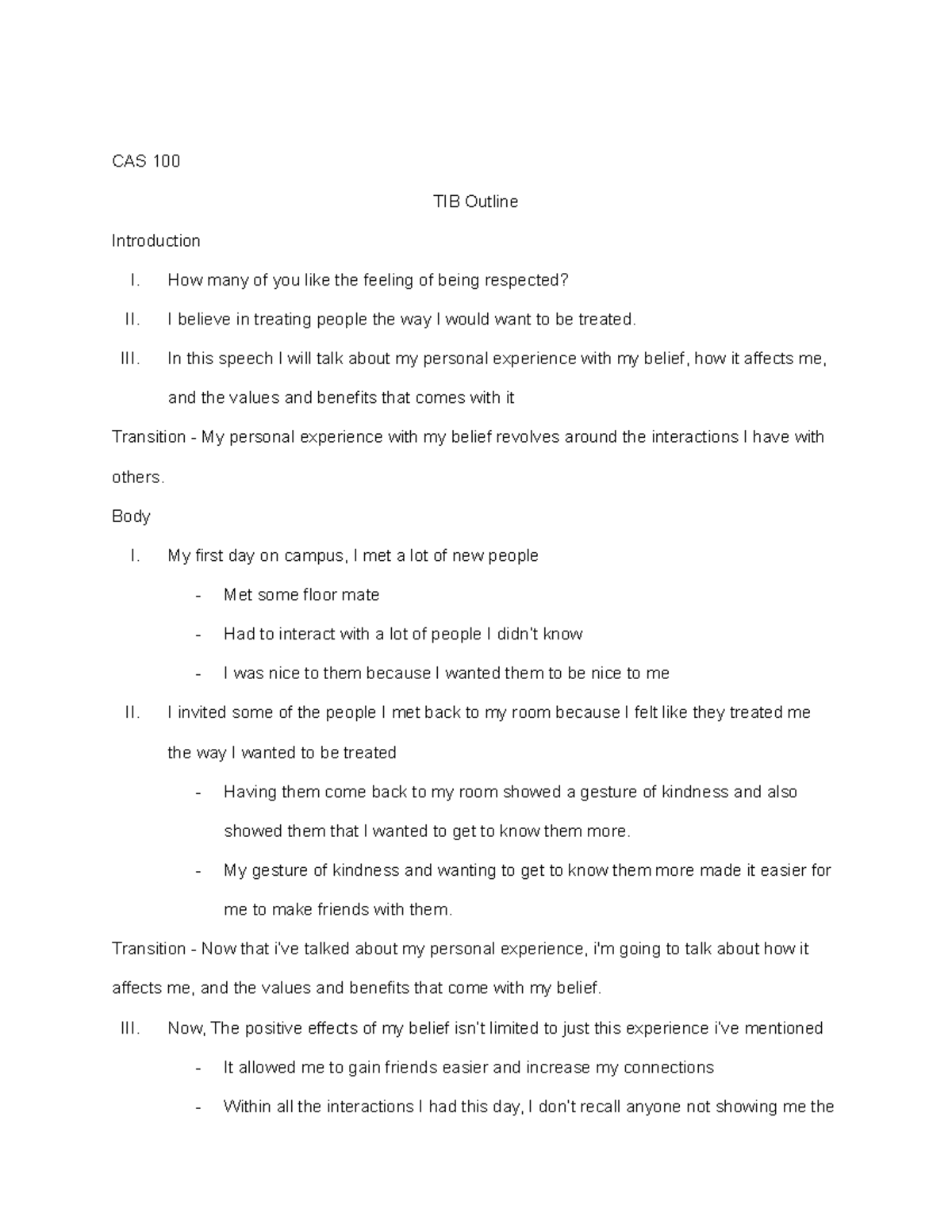 This I believe - CAS 100 TIB Outline Introduction I. How many of you ...