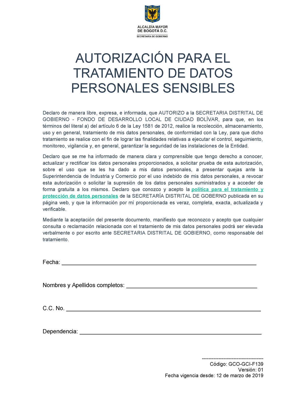 3 Autorización Tratamiento De Datos AutorizaciÓn Para El Tratamiento De Datos Personales 4526