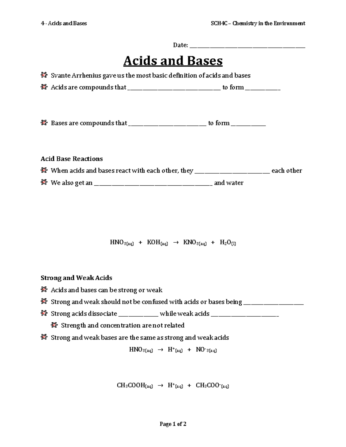 04 Acids and Bases Notes 4 Acids and Bases SCH4C Chemistry in