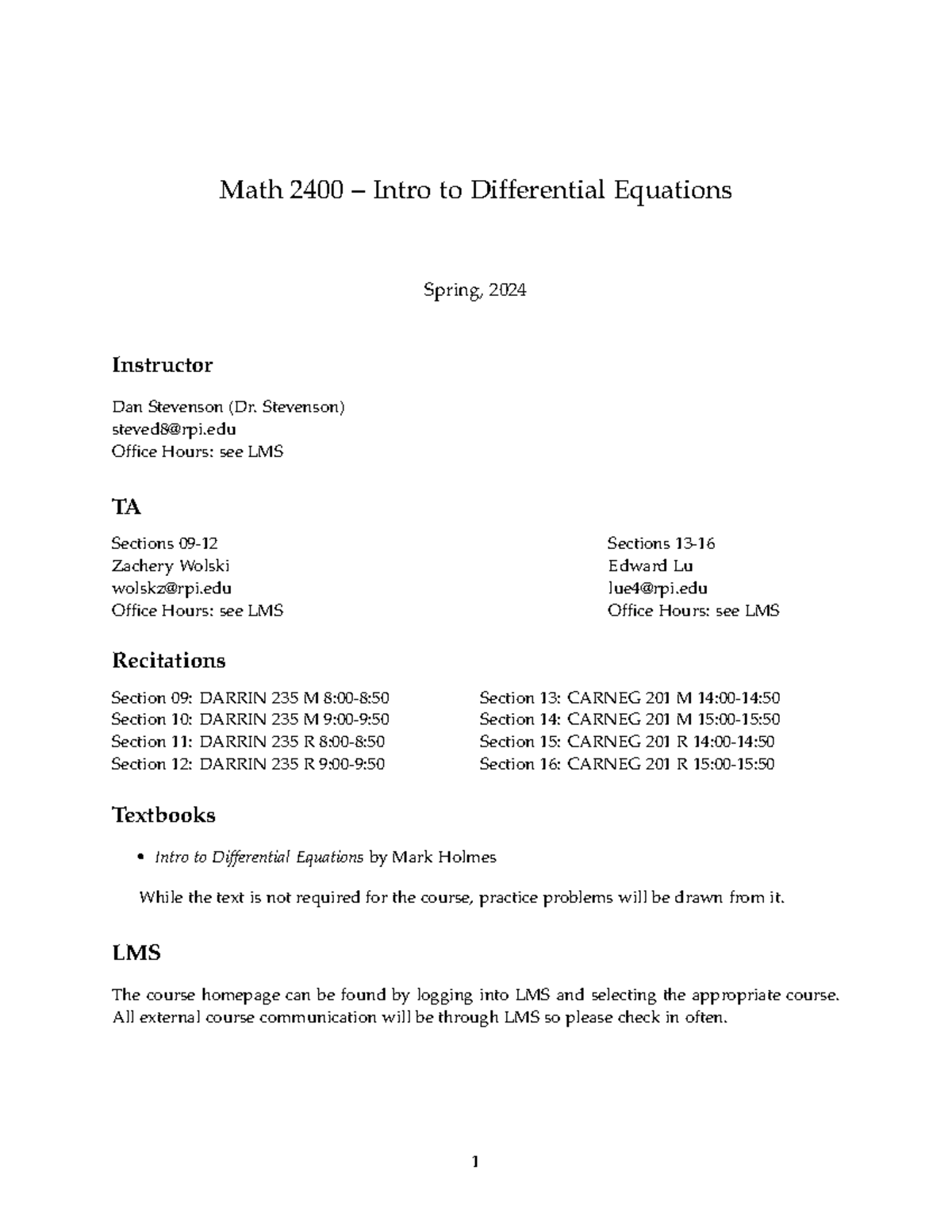 2400 S24 Syllabus - Math 2400 – Intro To Differential Equations Spring ...