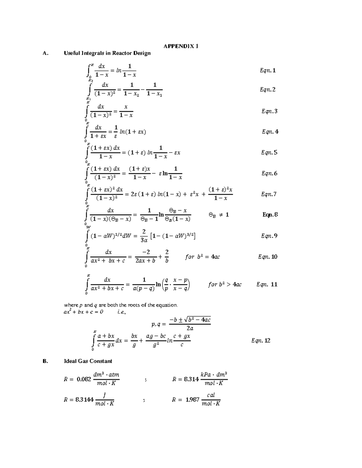 Useful Integrals in Reactor Design - APPENDIX 1 A. Useful Integrals in ...