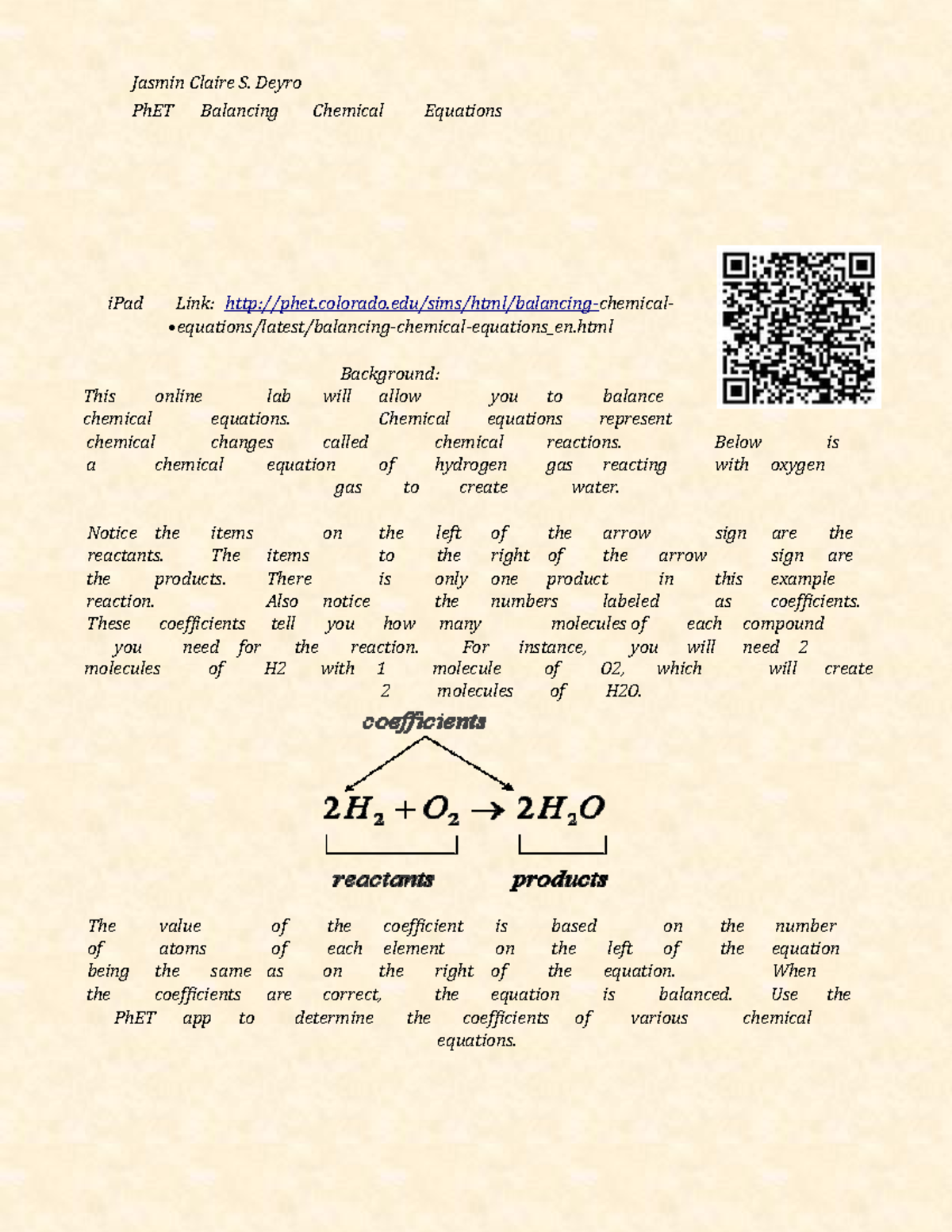 Ph ET Balancing Chemical Equations - Jasmin Claire S. Deyro PhET ...