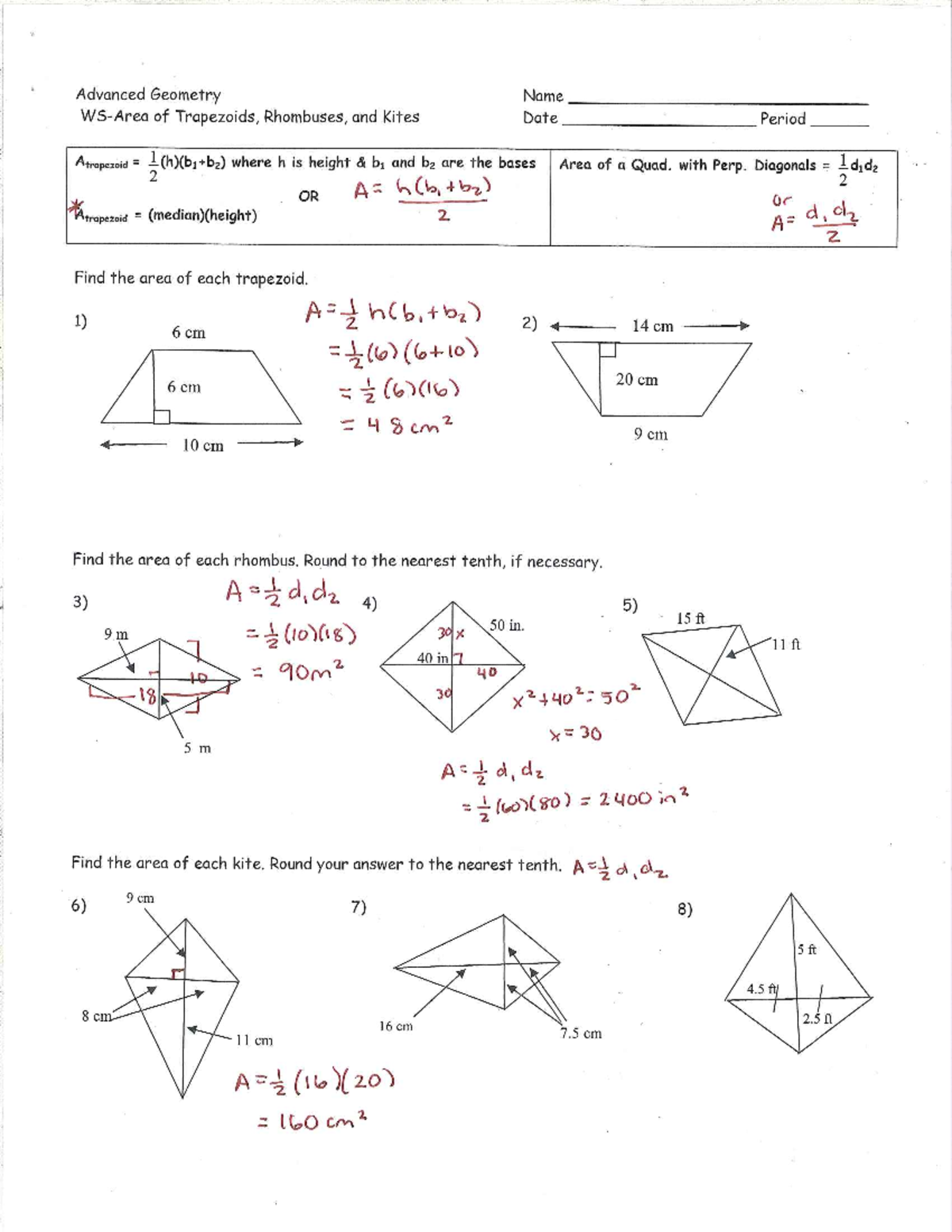 Ws area of trapezoids rhombuses and kites examples - MATH 100 - Studocu