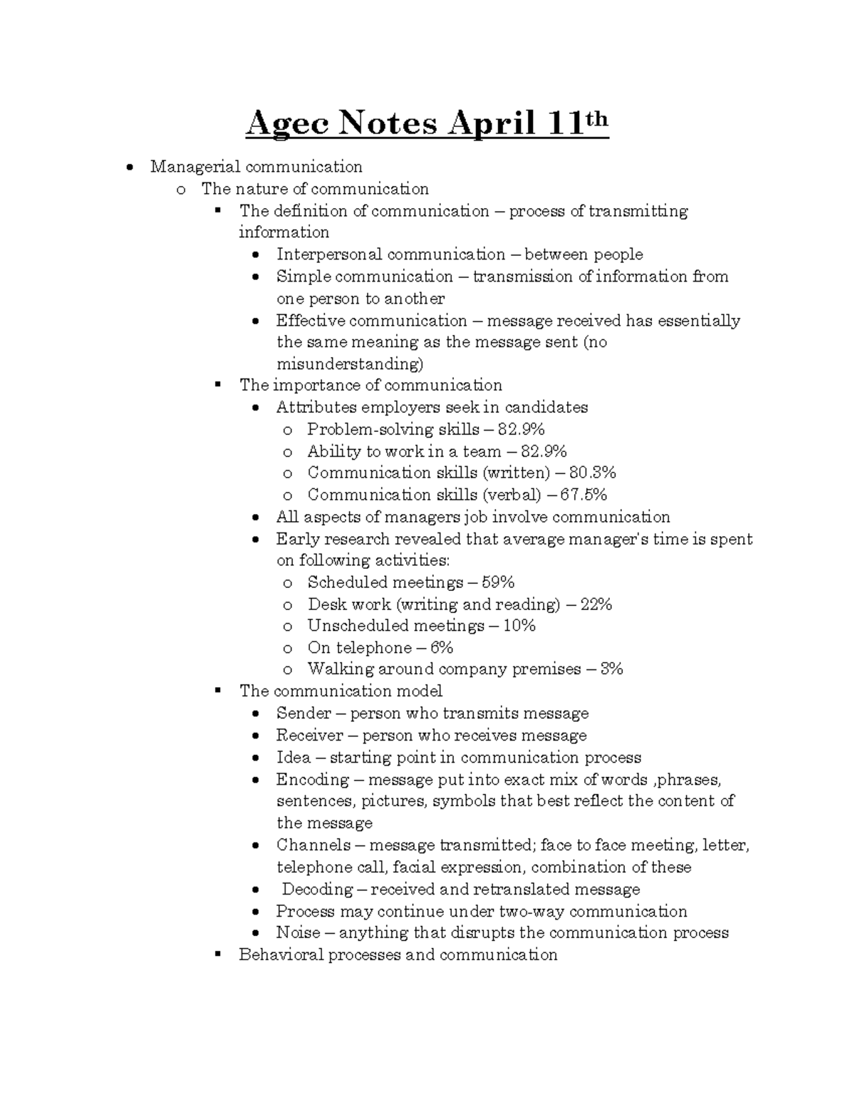 Agec Notes April 11th - Agec Notes April 11th Managerial communication ...