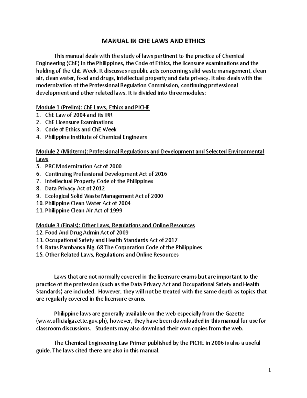 Ch E Laws and Ethics Module MANUAL IN CHE LAWS AND ETHICS This manual