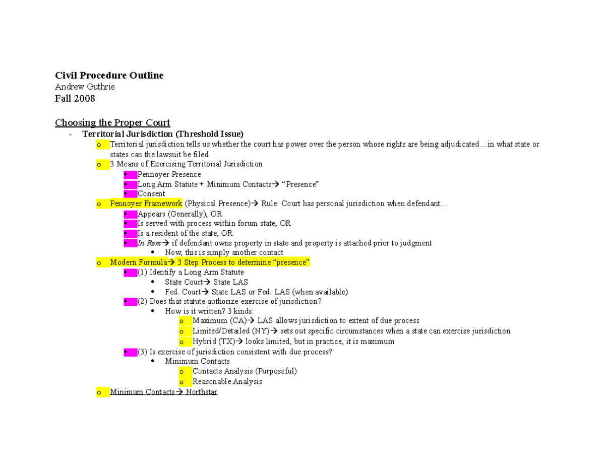 AG - Civ Pro Outline - Civil Procedure Outline Andrew Guthrie Fall 2008 ...