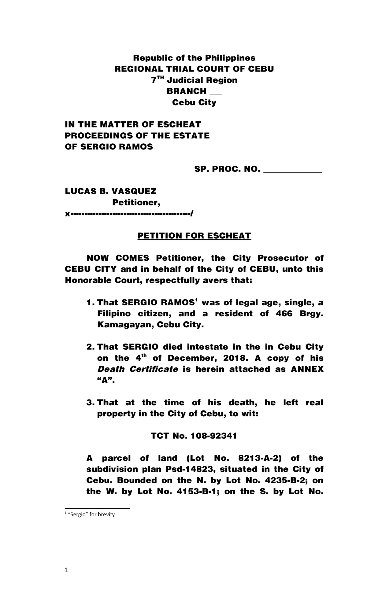 Petition For Escheat Proceeding Rule 91 sample pdf - Republic of the ...