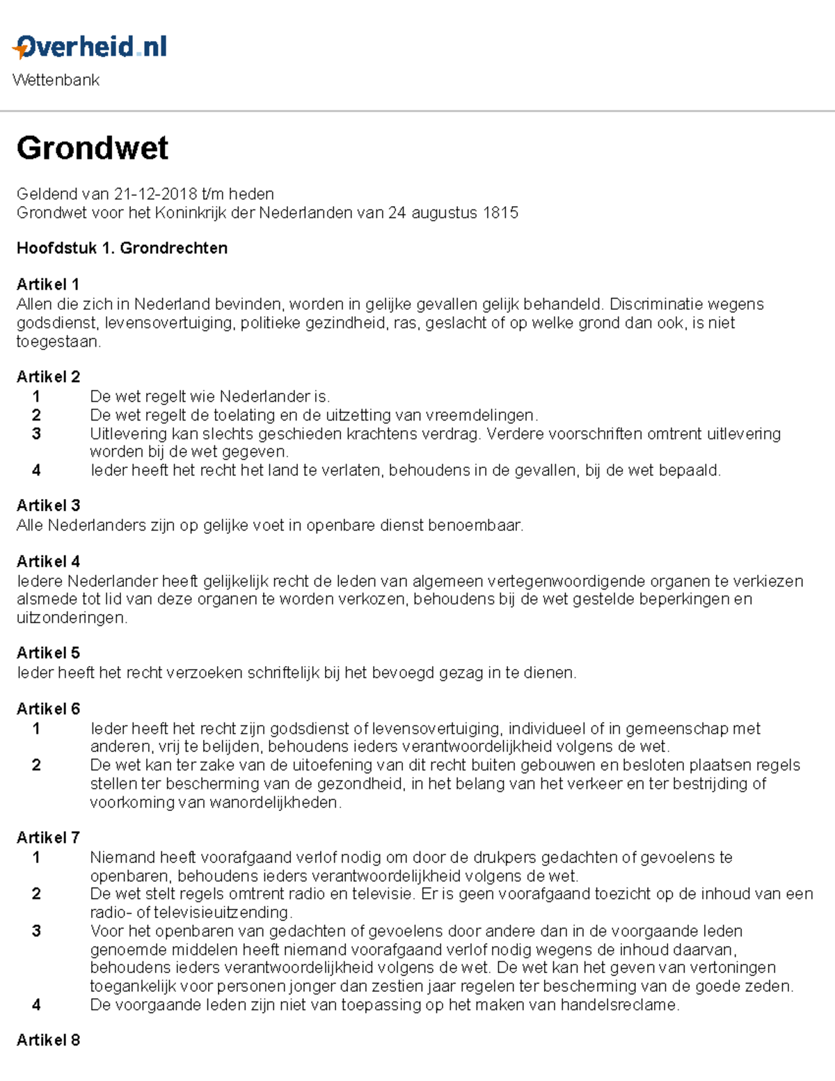 De Nederlandse Grondwet (Geldend Van 21-12-2018 T/m Heden) - Wettenbank ...