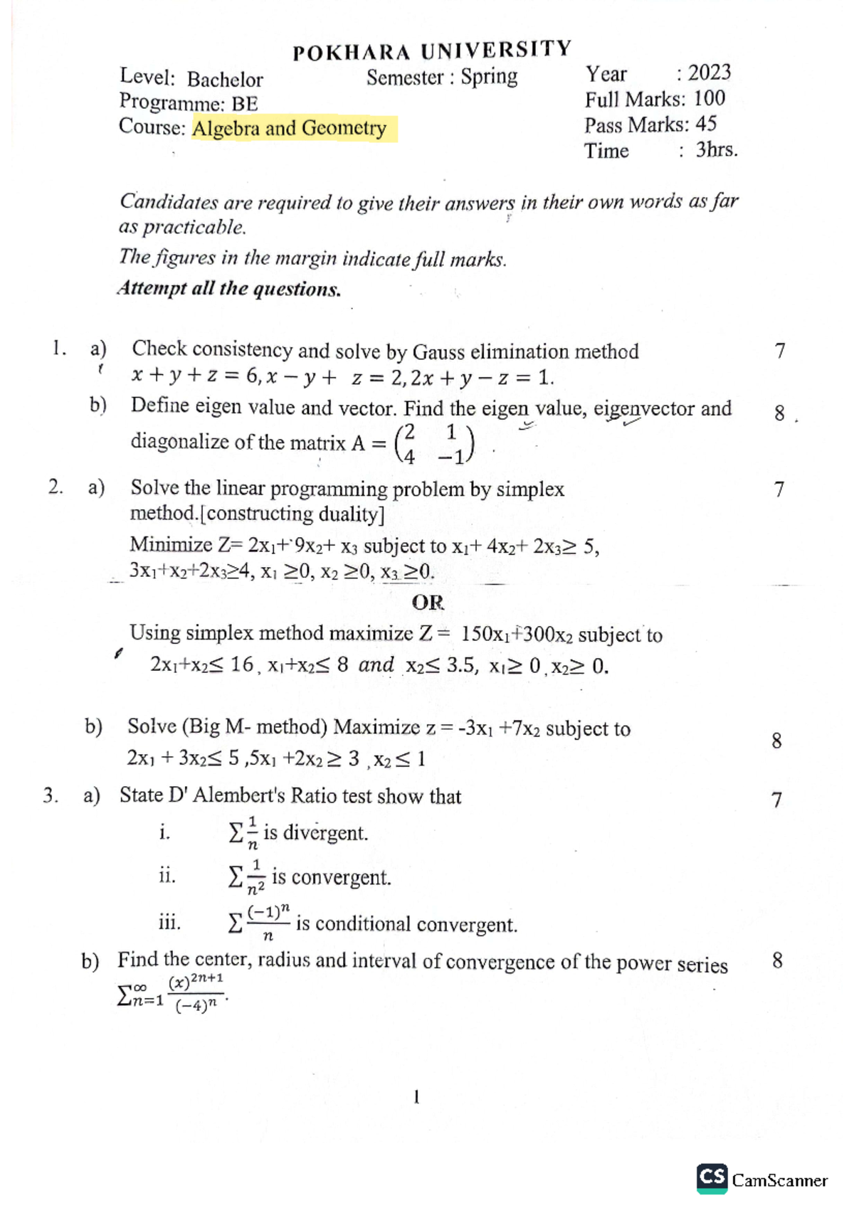 2nd sem old paper - POKHARA UNIVERSITY Level: Bachelor Semester ...