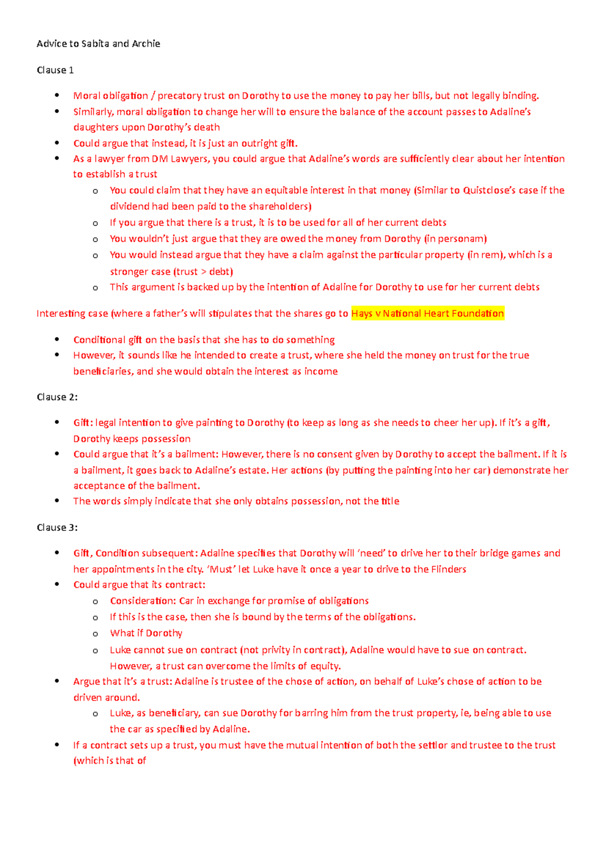 Tutorial 2 notes Advice to Sabita and Archie Clause 1 Moral