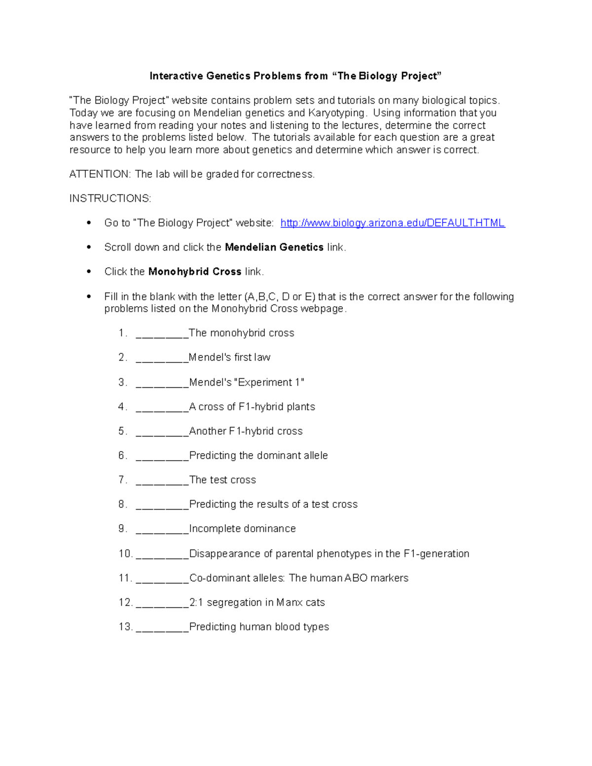 Interactive Lab Interactive Problems from “The Biology Project” “The Biology