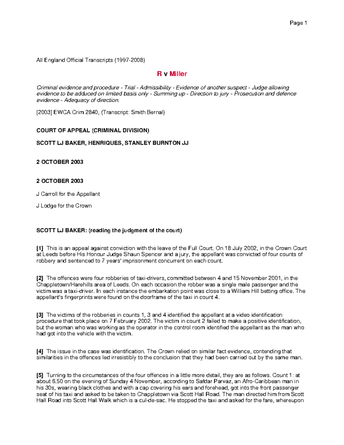 R v Miller - Iwi3u - All England Official Transcripts (1997-2008) R v ...