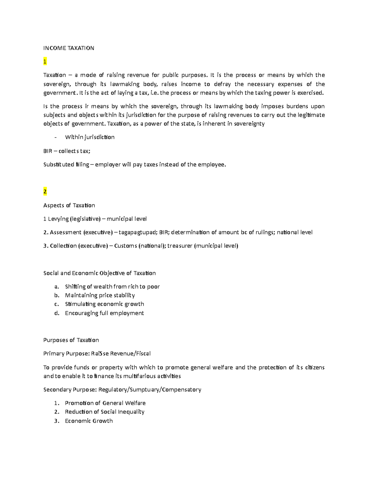 Income tax 1 notes - INCOME TAXATION 1 Taxation – a mode of raising ...