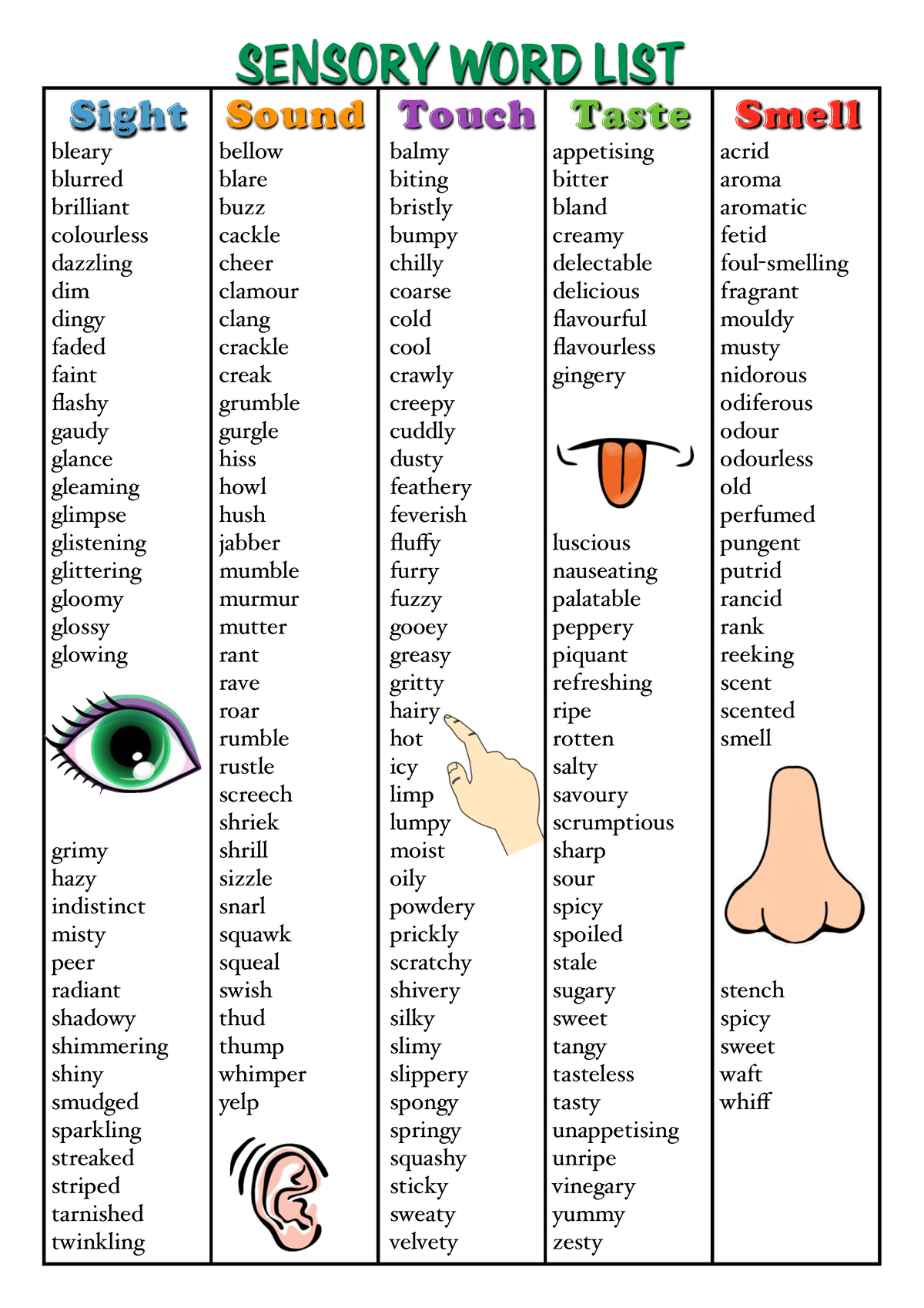 Sensory Words List For Sight