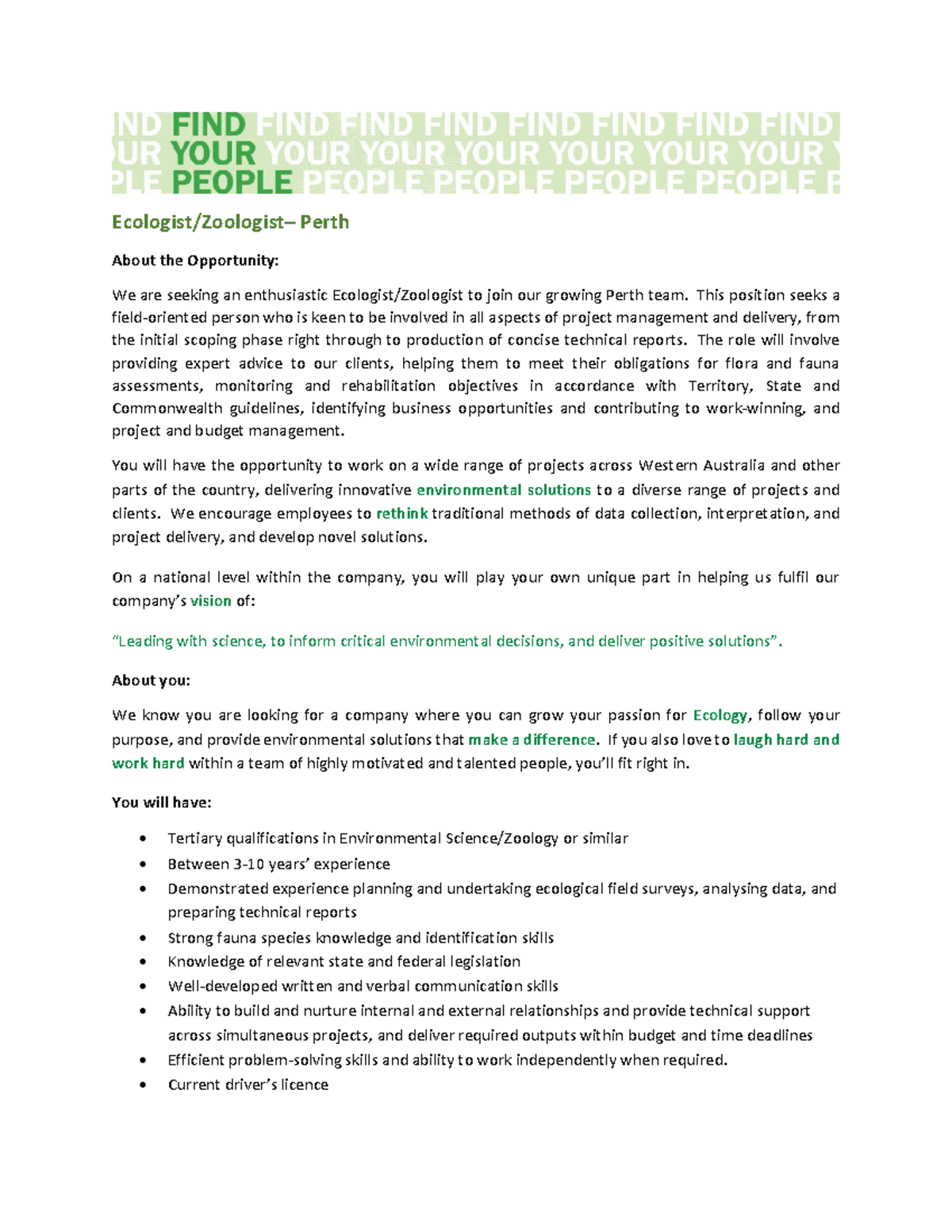 Ecologist Zoologist Job Descriptions Ecologist/Zoologist Perth About