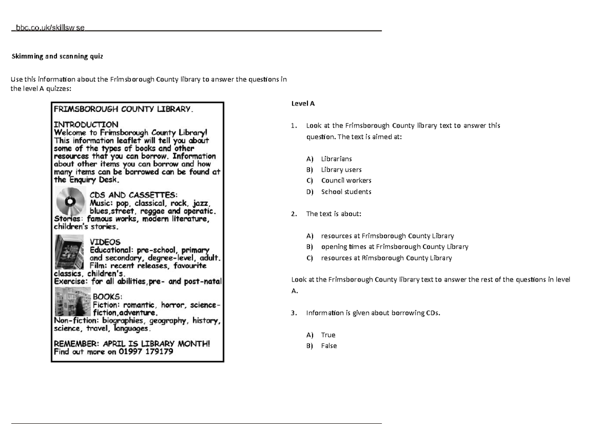 Skimming AND Scanning Exercise (elc) Skimming and scanning quiz Use