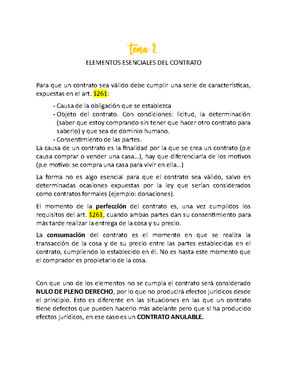 Tema 2 - Apuntes 2 - Tema 2 ELEMENTOS ESENCIALES DEL CONTRATO Para Que ...