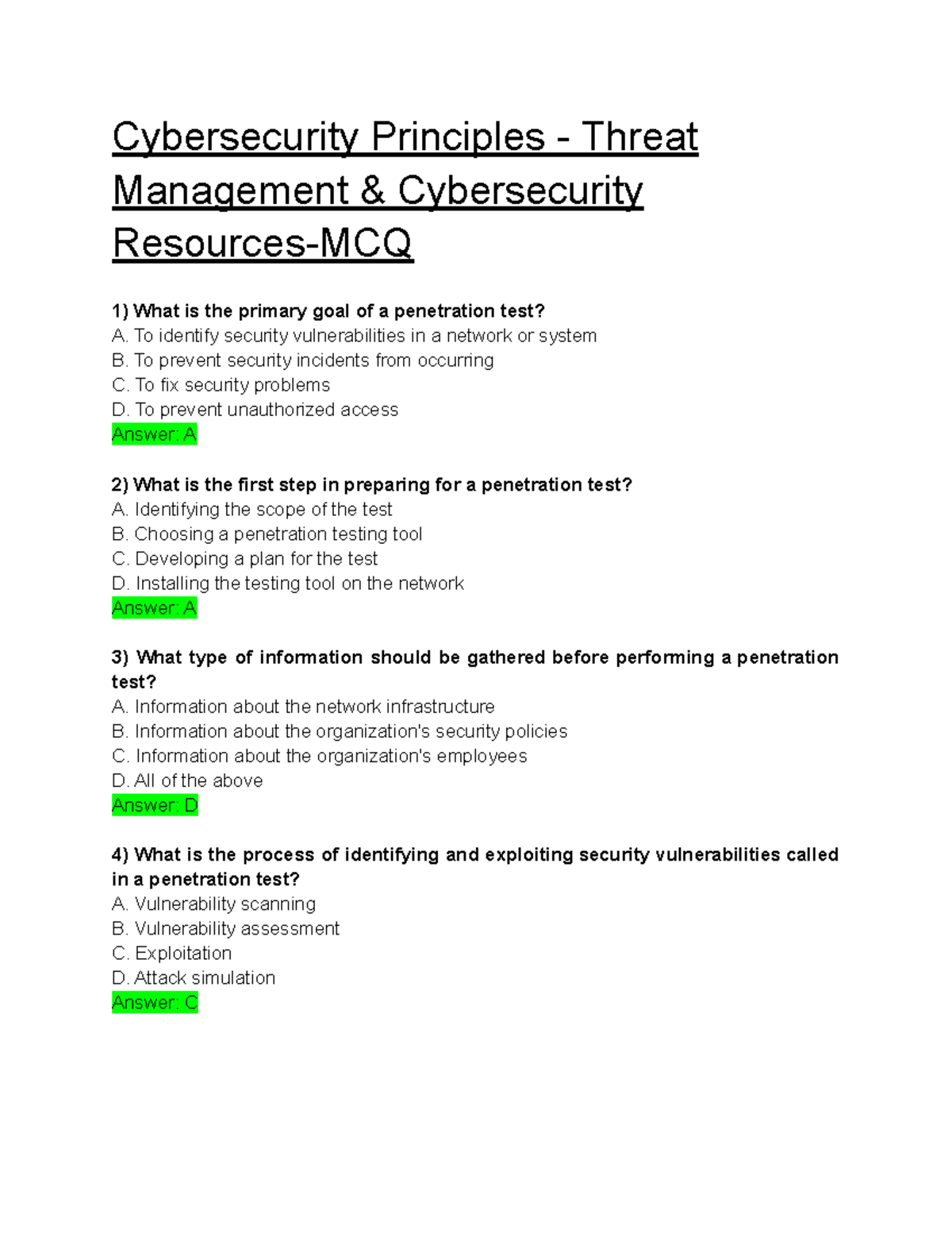 Performing a Test MCQ Cybersecurity Principles Threat