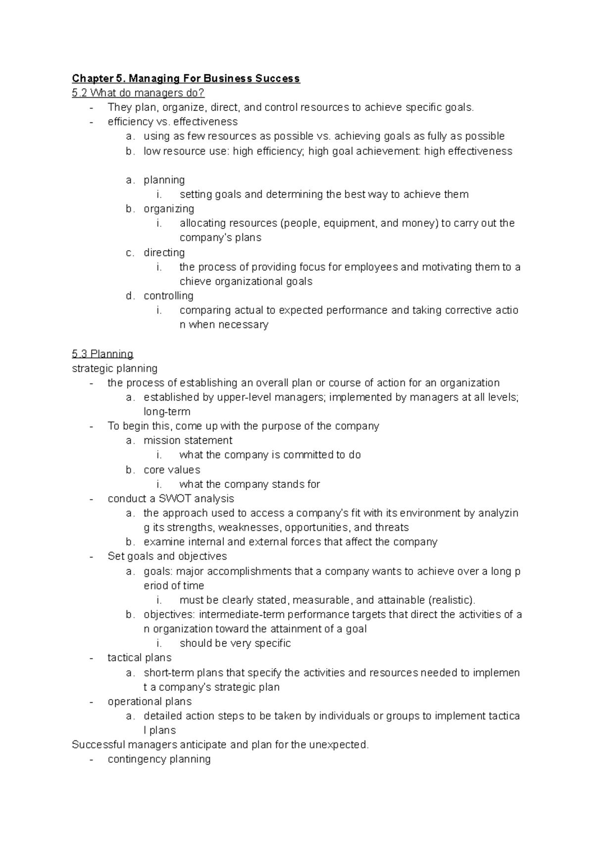 B-Chapter 5 Notes - Chapter 5. Managing For Business Success 5 What Do ...