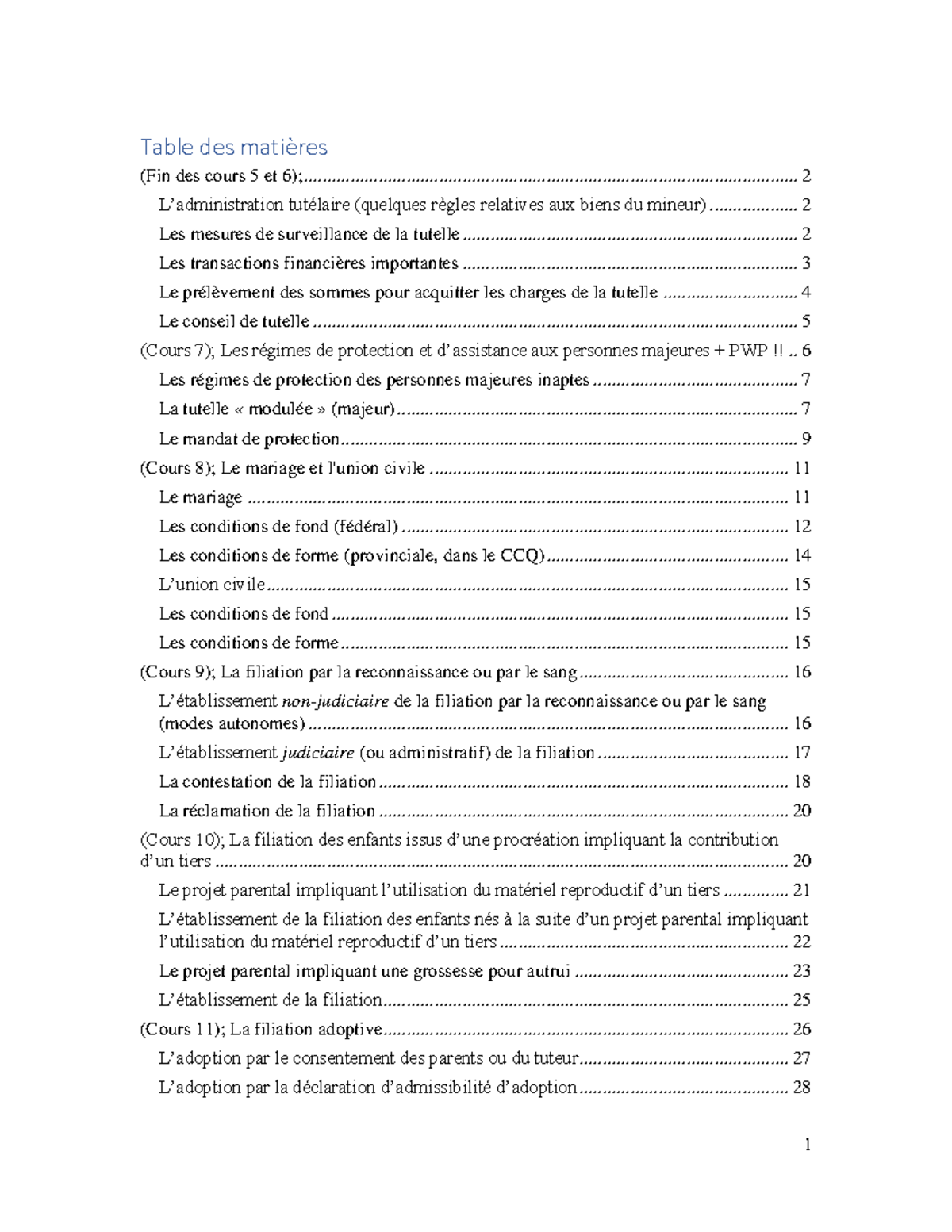 DRT Famille Examen Final H24 - Table des matières (Fin des cours 5 et ...