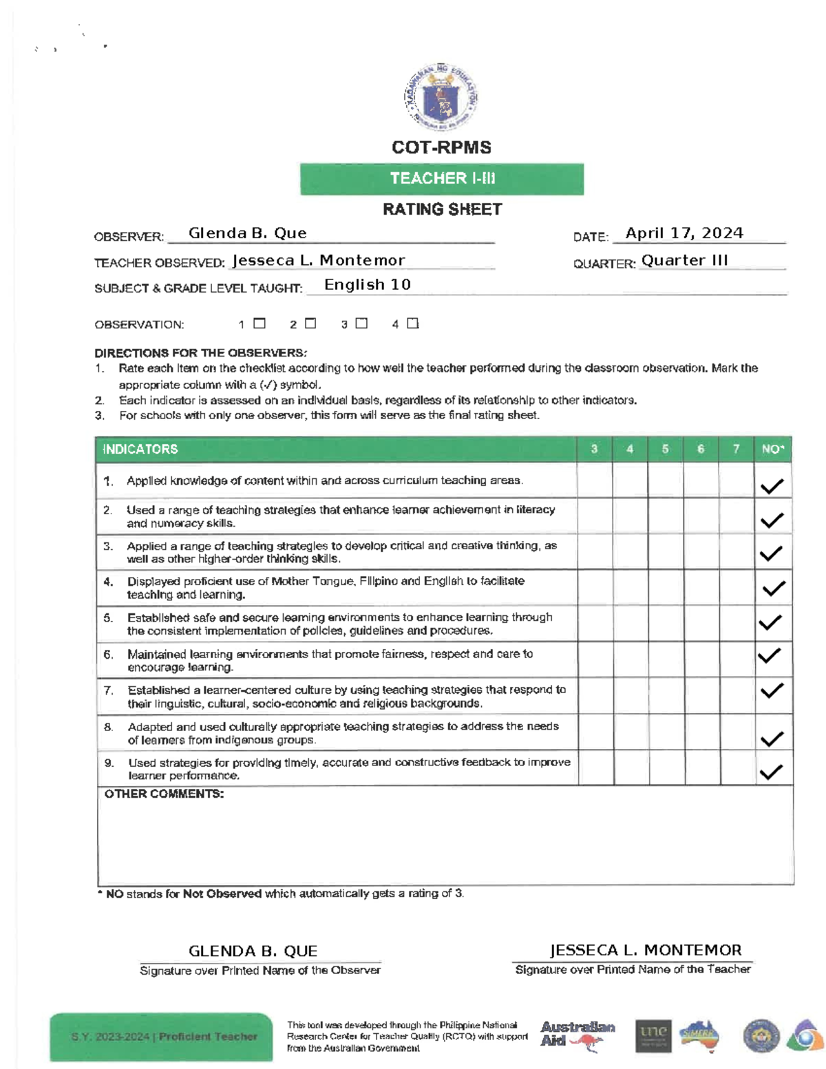 Cot Rpms Sy 2023-2024 - Cot Form - Cot For Rpms - Glenda B. Que April 