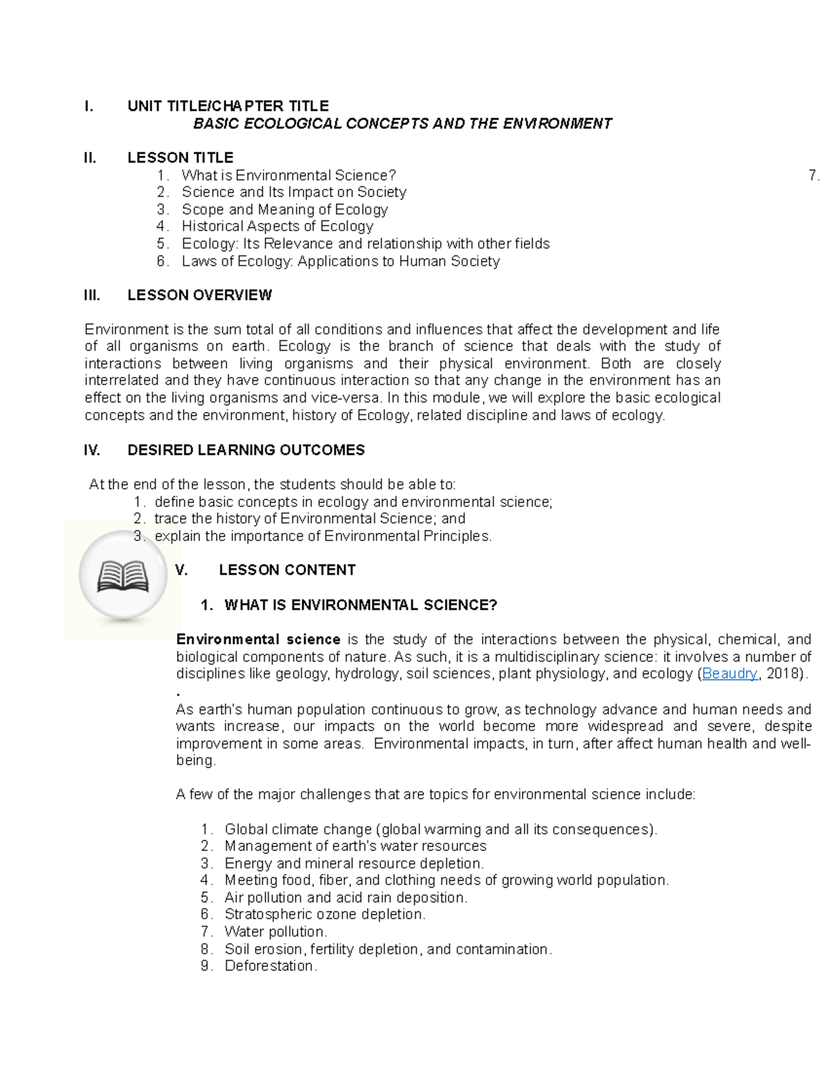 Environmental Science. Module 1 I. UNIT TITLE/CHAPTER TITLE BASIC